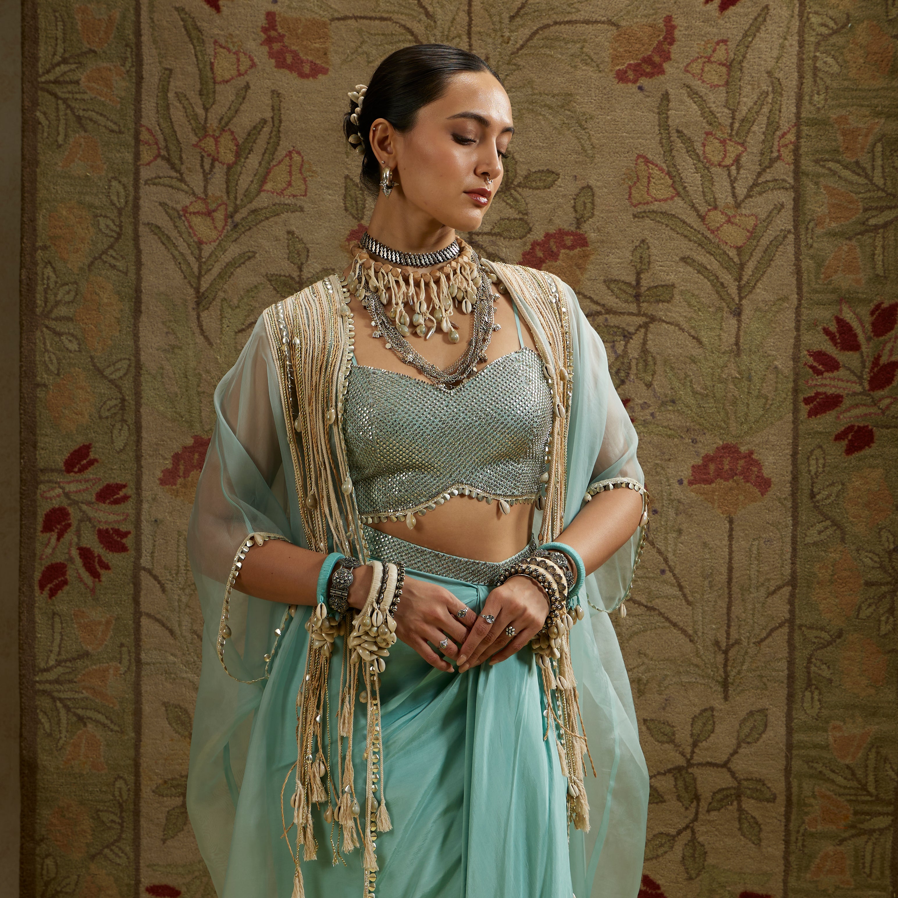 Teal Blue Thread Tassel Cape with Bustier and Drape Skirt