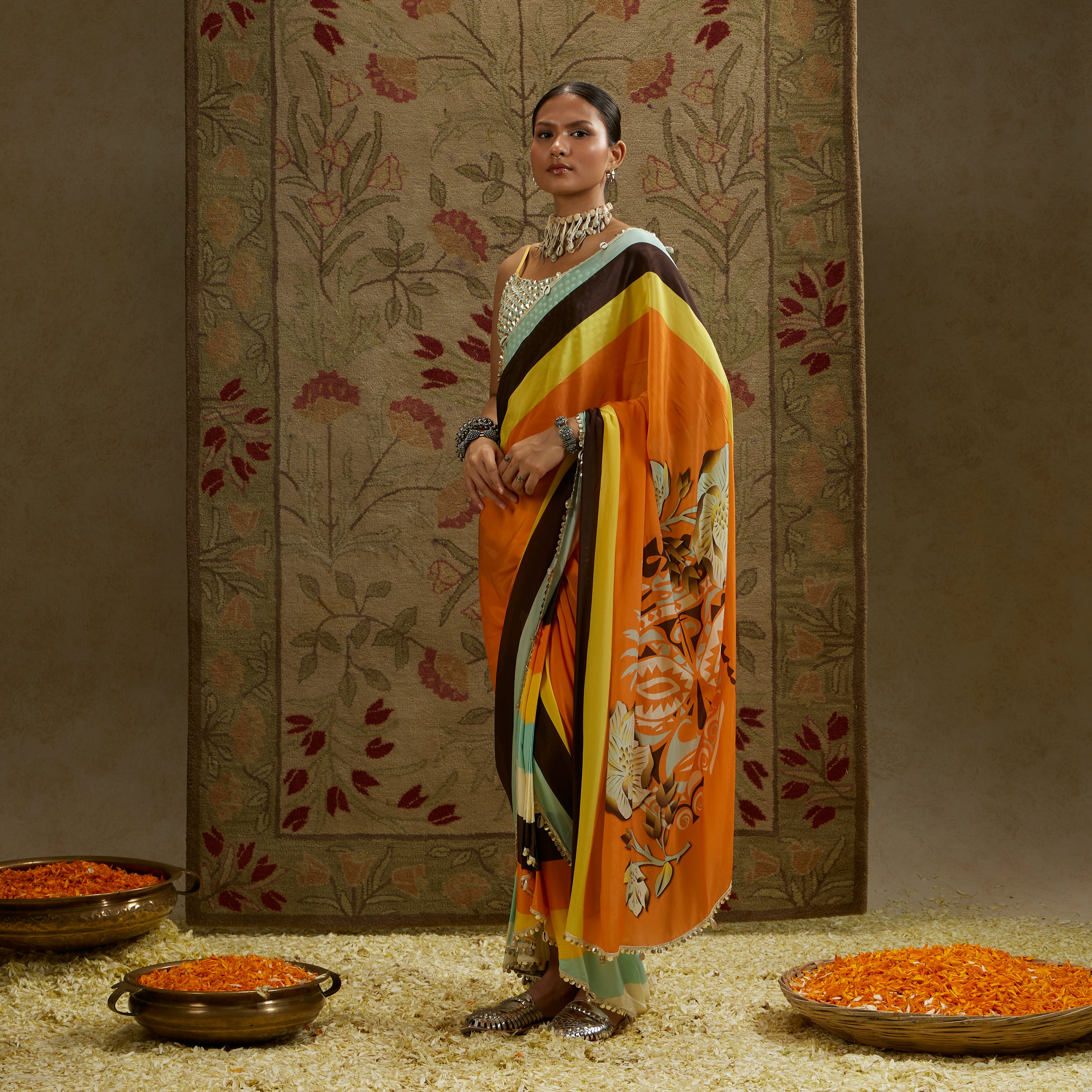 Orange Mask Print Cascade Saree with Bustier