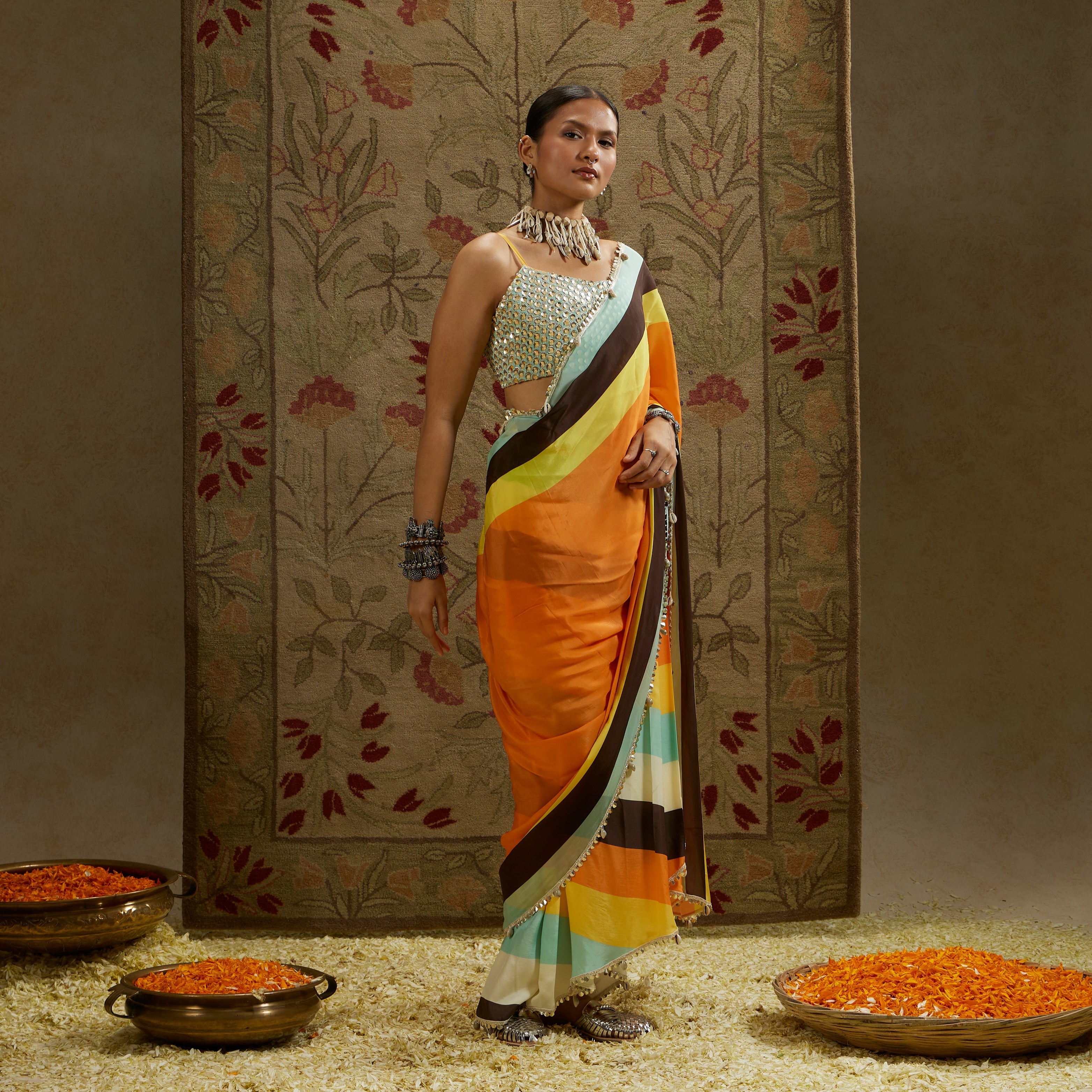 Orange Mask Print Cascade Saree with Bustier