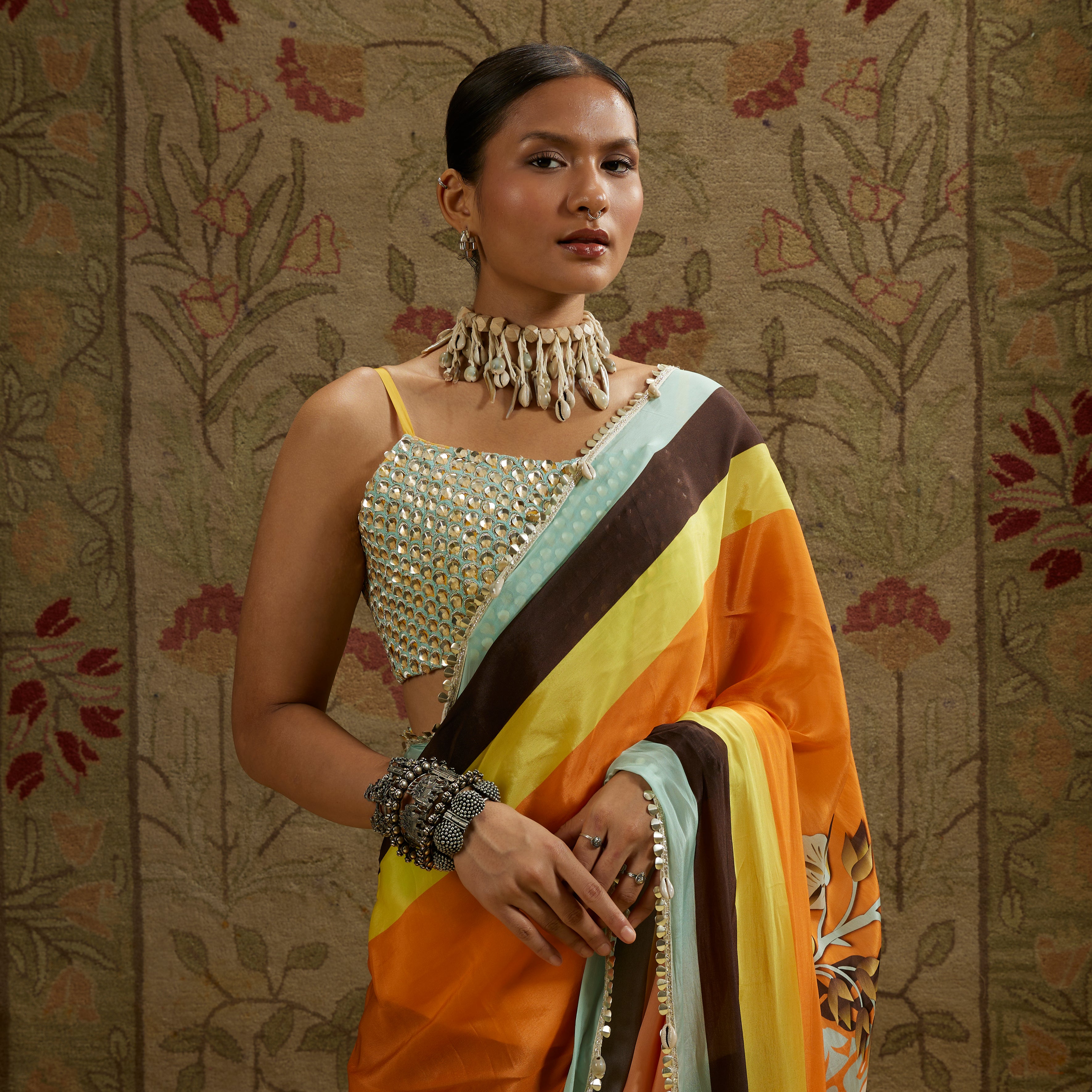 Orange Mask Print Cascade Saree with Bustier