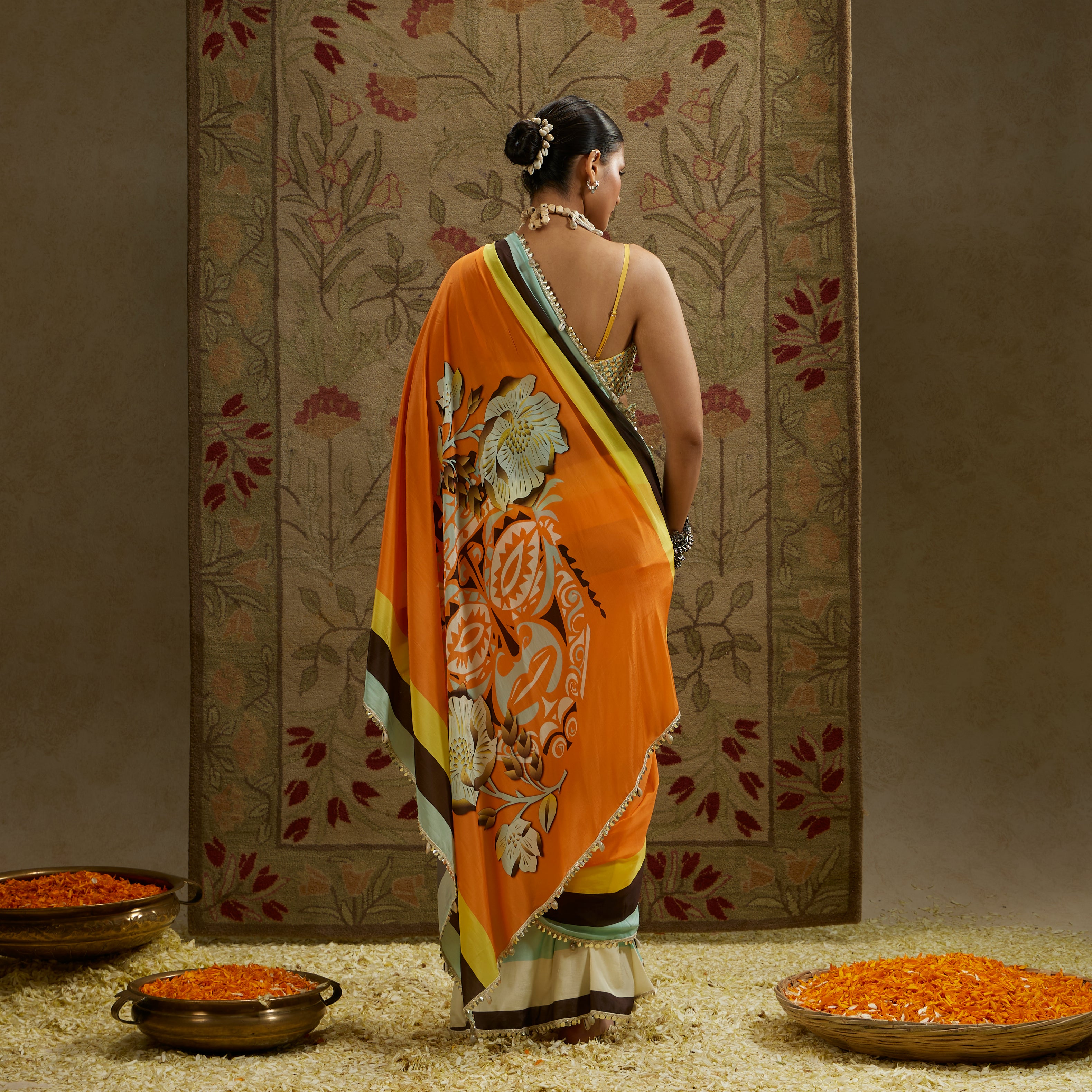 Orange Mask Print Cascade Saree with Bustier