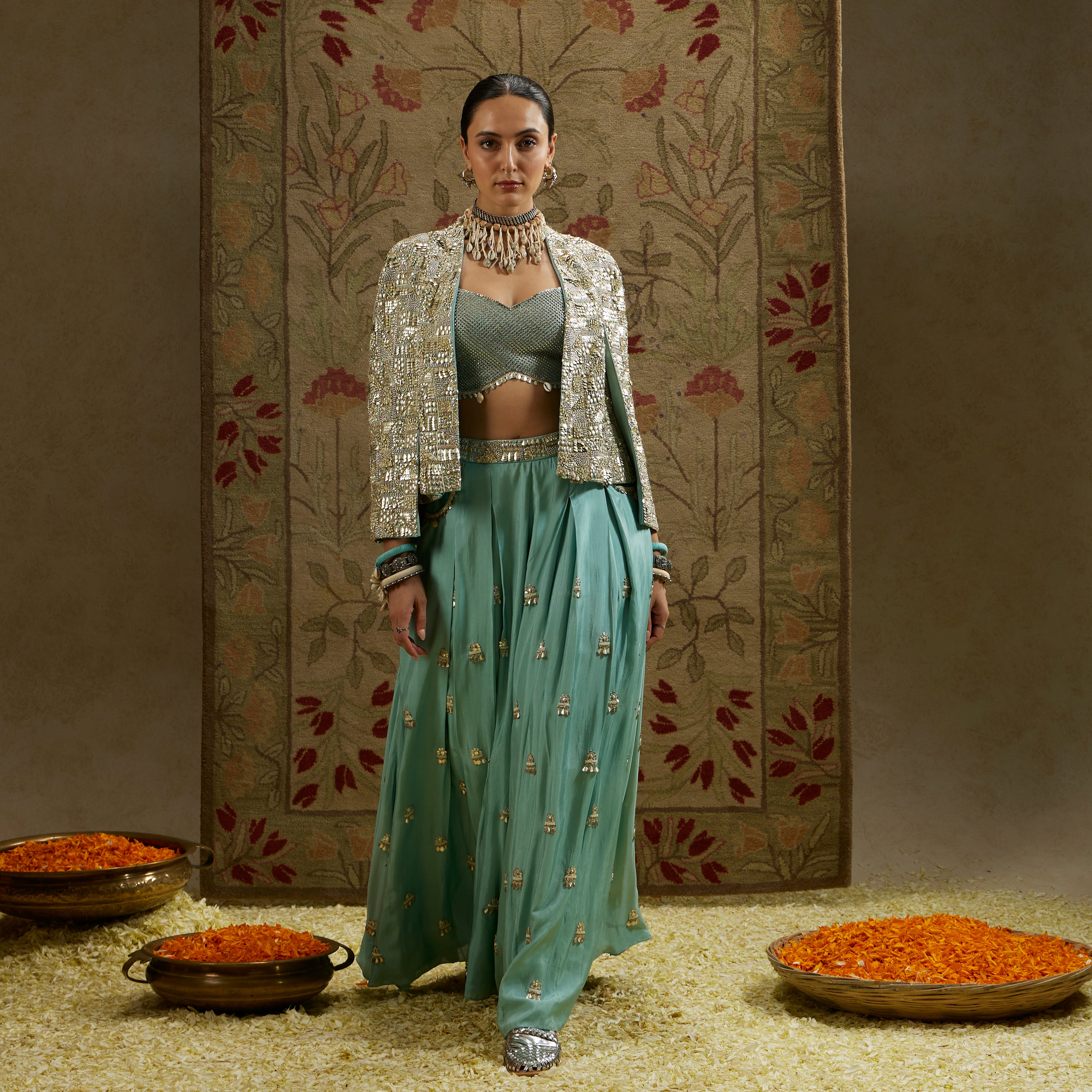 Metallic Cape Jacket with Bustier and Pleated Pants