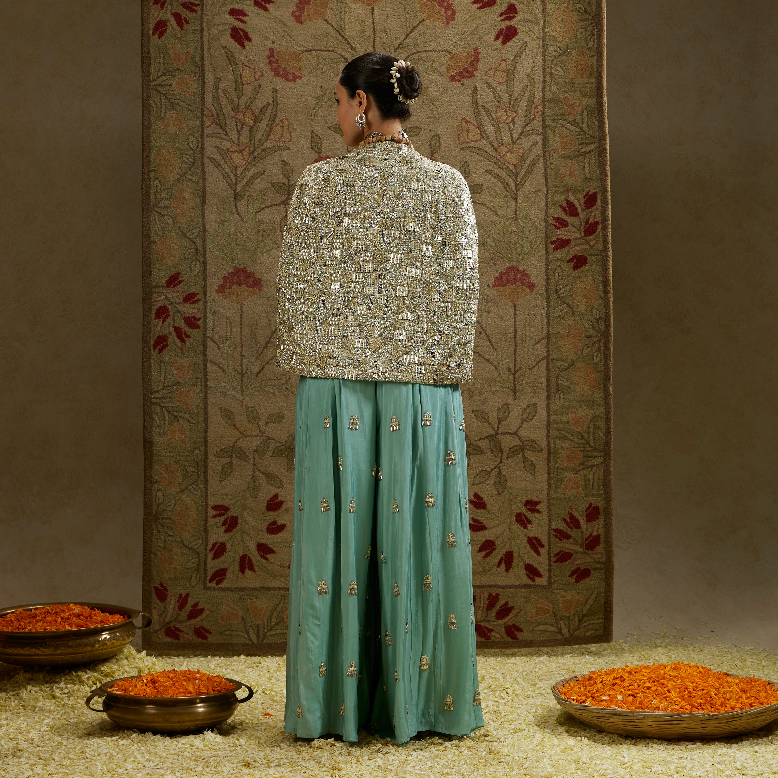 Metallic Cape Jacket with Bustier and Pleated Pants