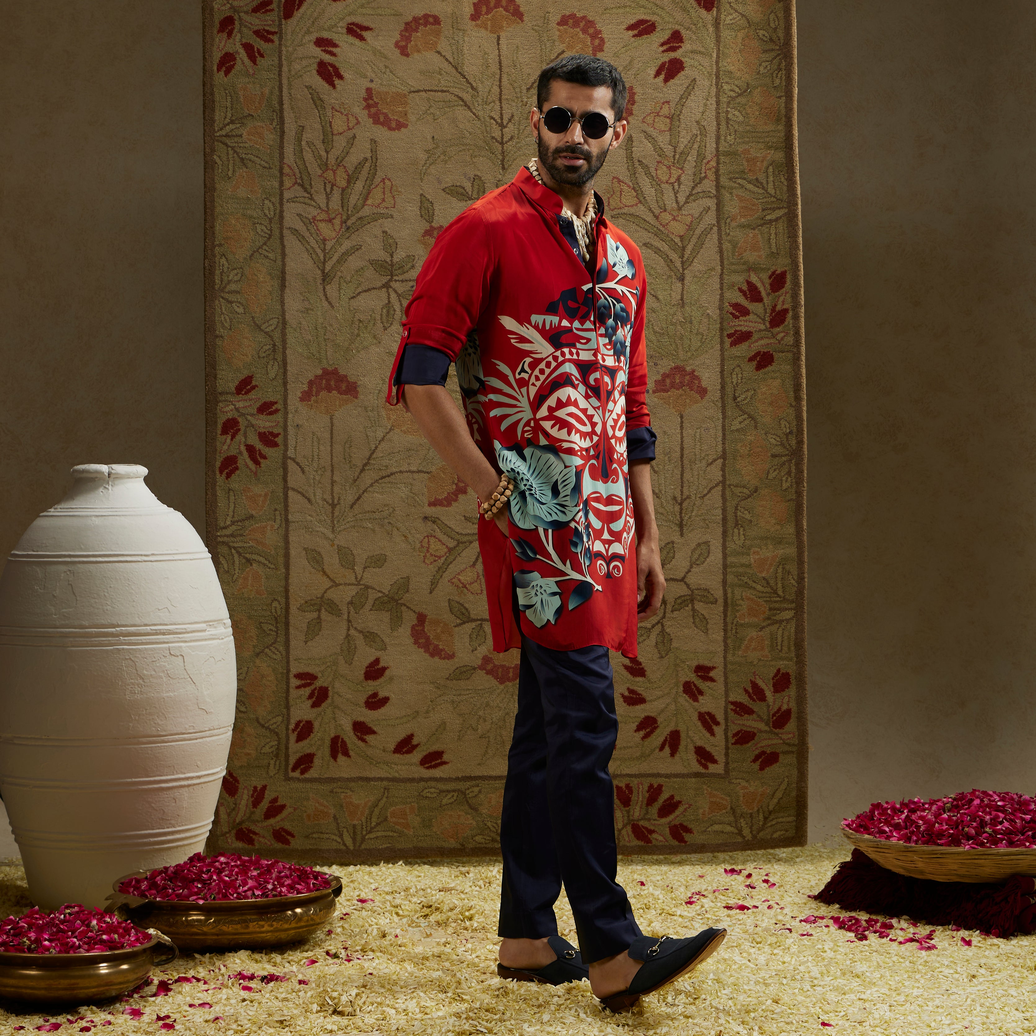 Red Mask Print Rolled-Up Sleeves