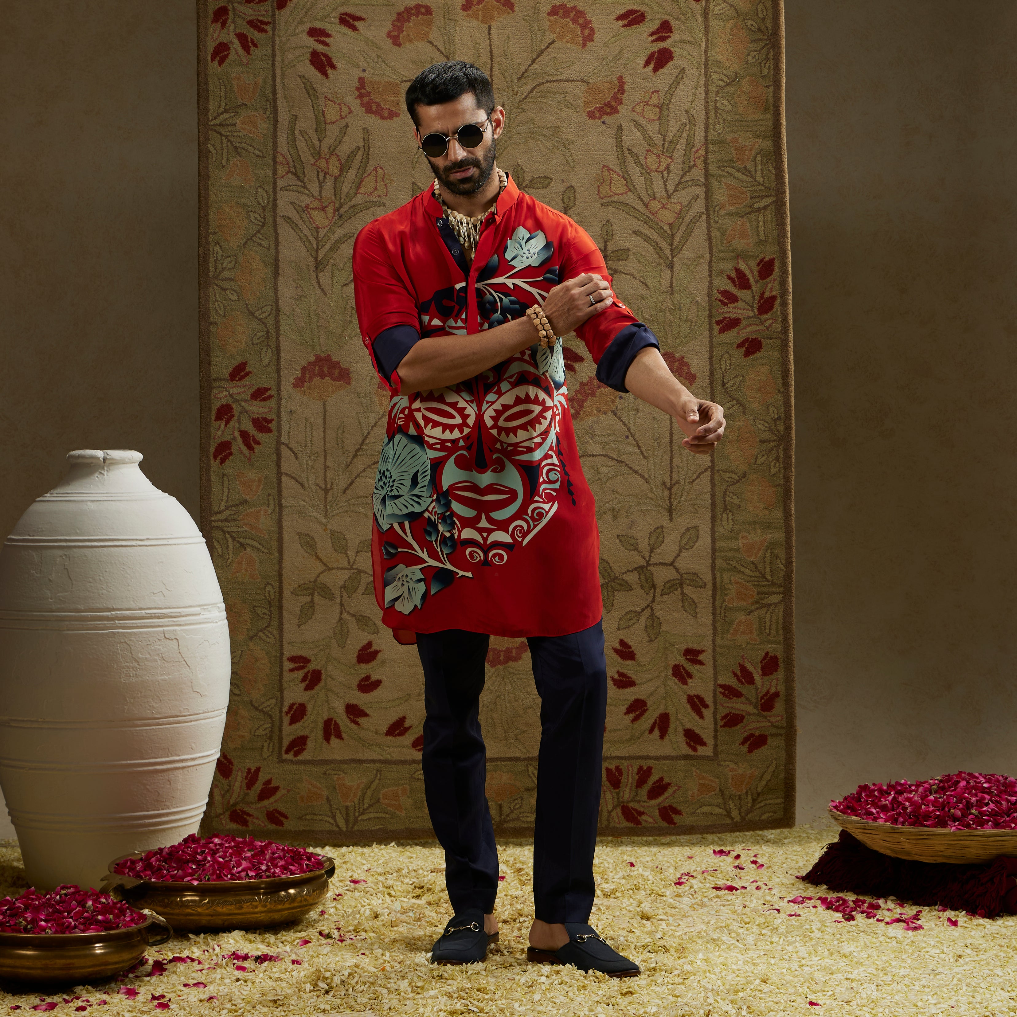 Red Mask Print Rolled-Up Sleeves