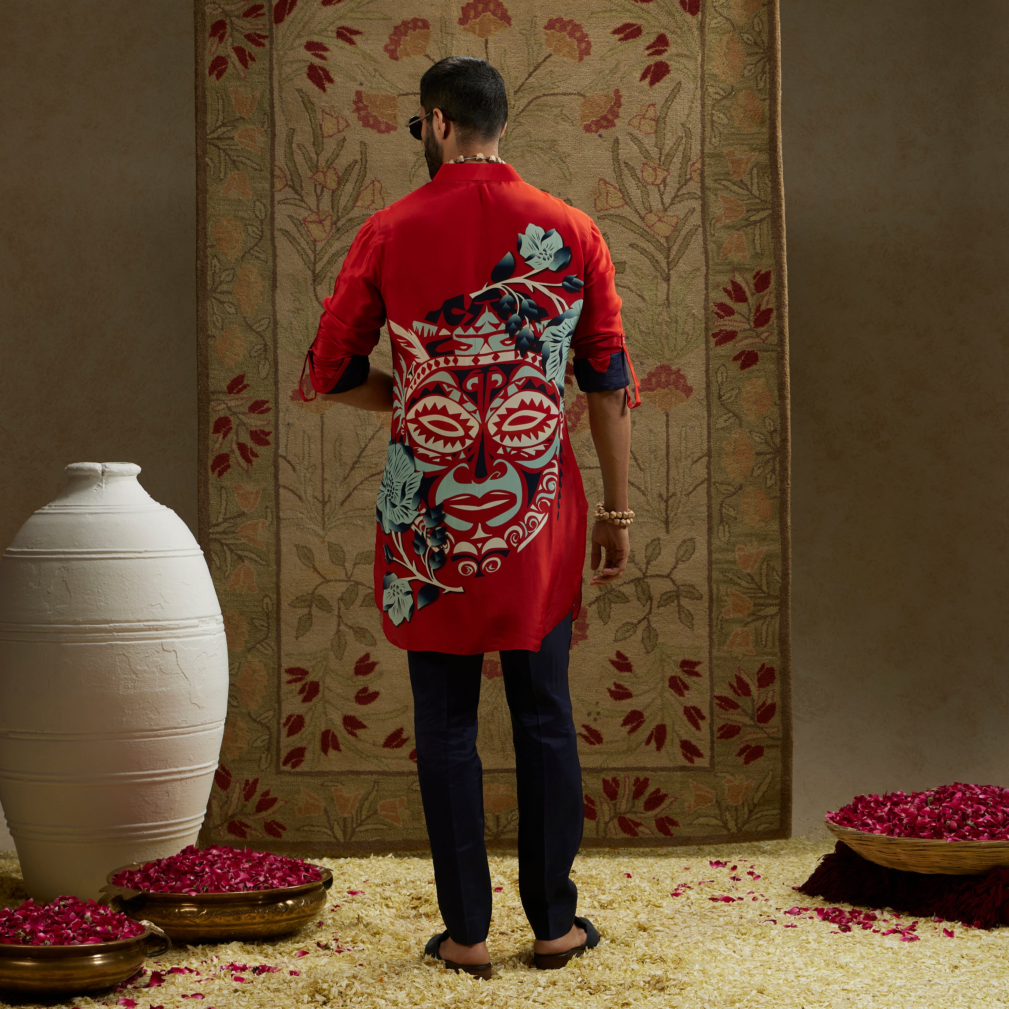 Red Mask Print Rolled-Up Sleeves