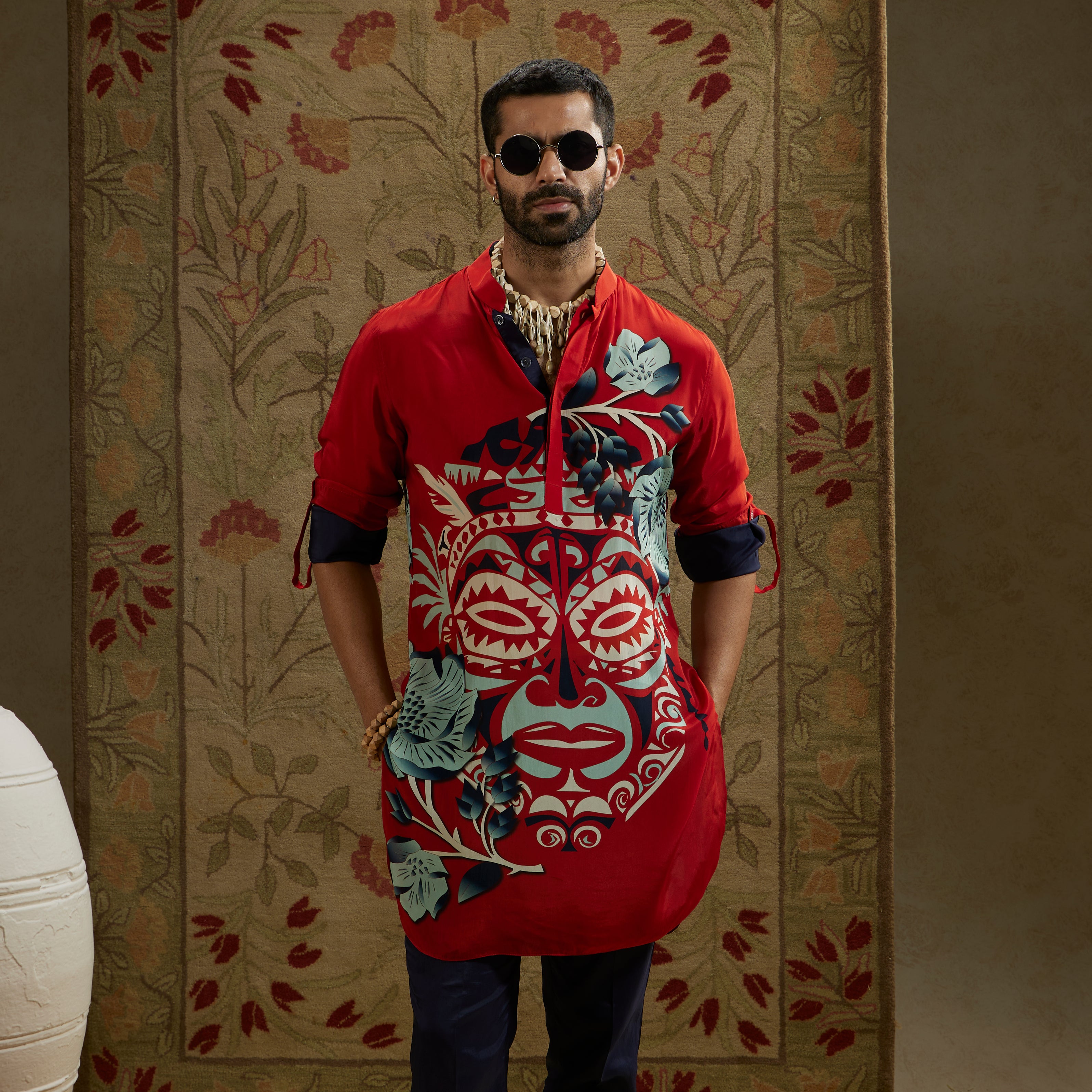 Red Mask Print Rolled-Up Sleeves