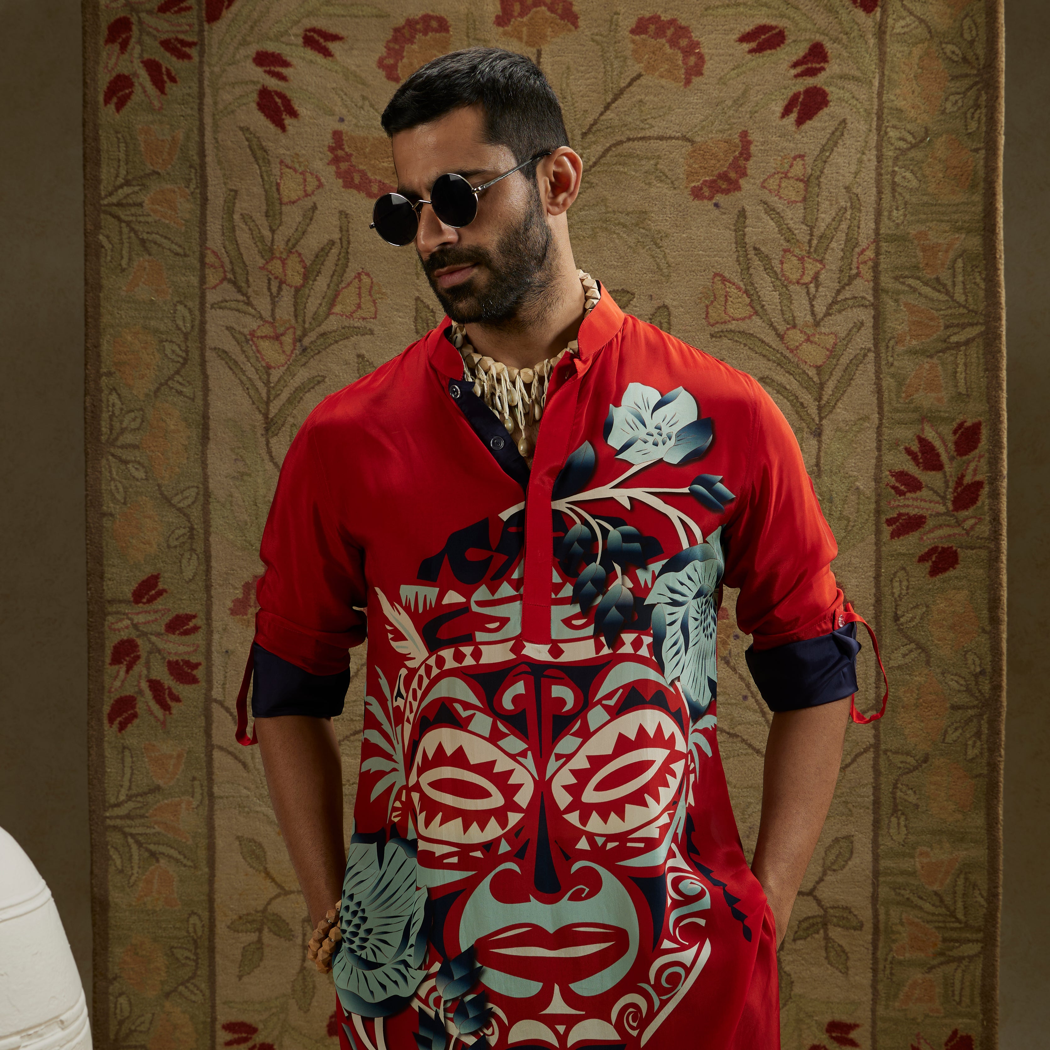 Red Mask Print Rolled-Up Sleeves
