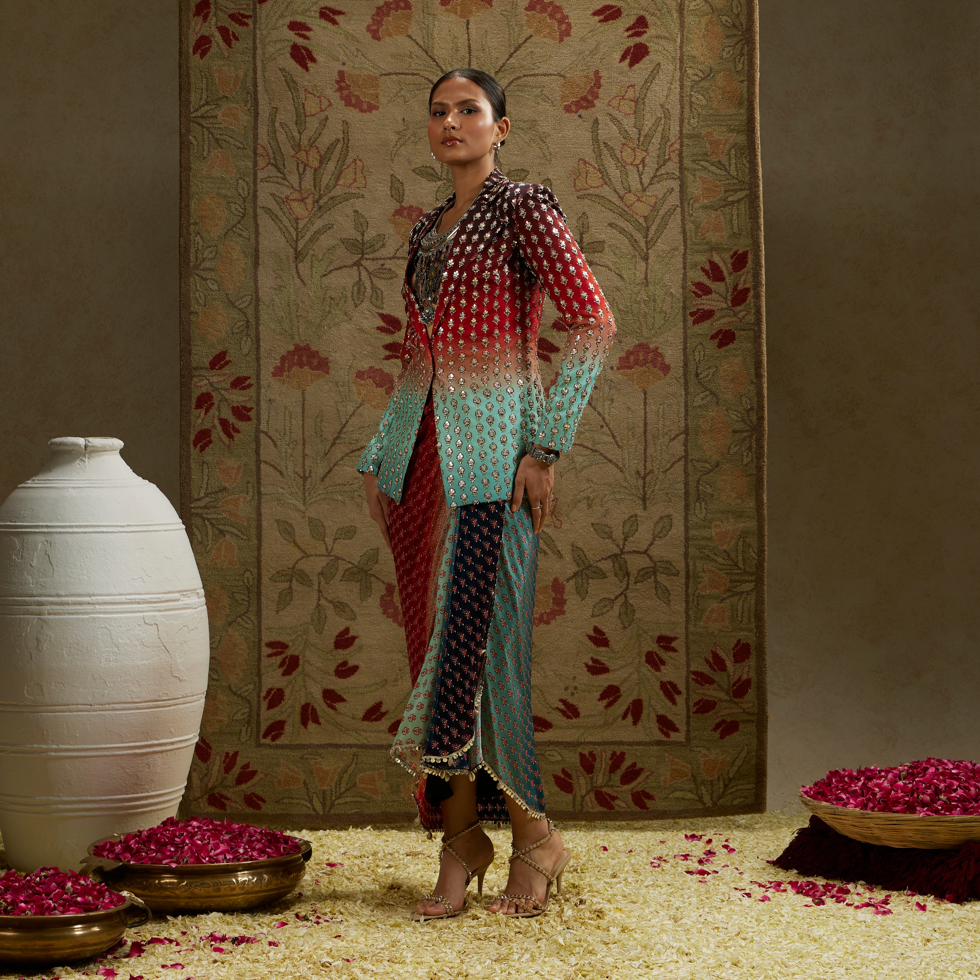 Red Blue Ombre Print Embellished Blazer with Drape Skirt