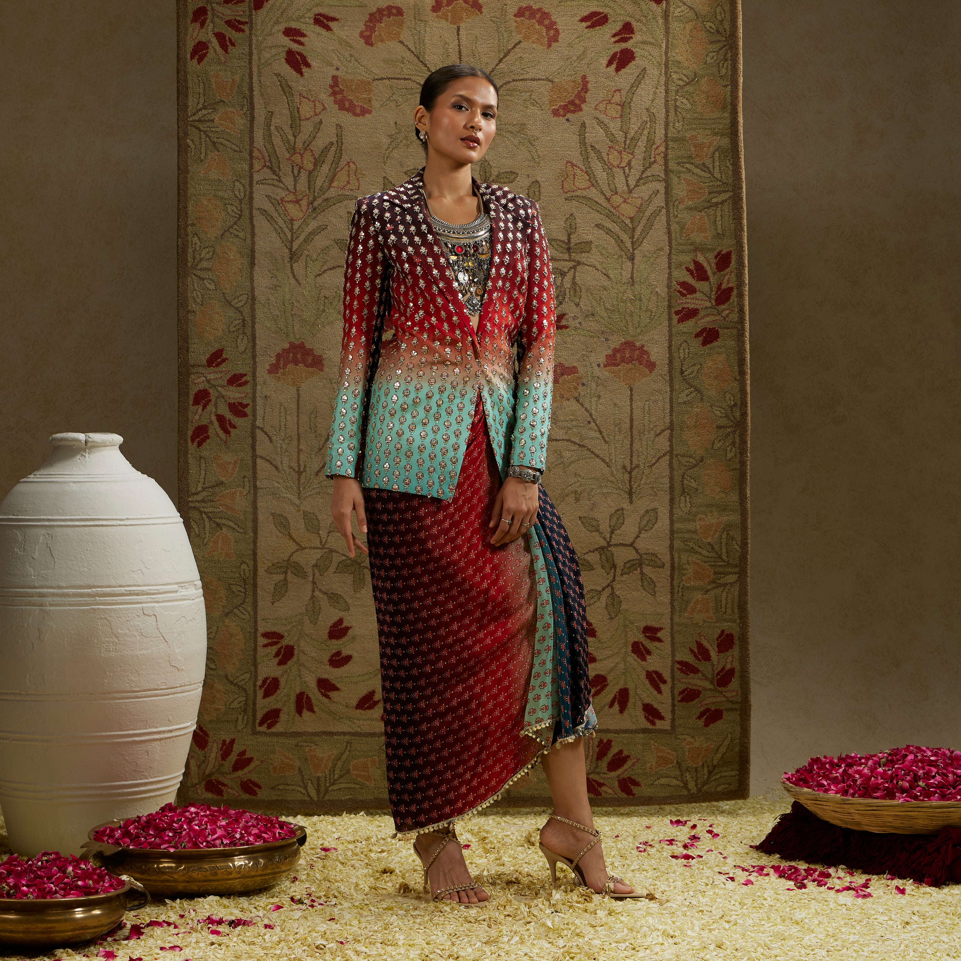 Red Blue Ombre Print Embellished Blazer with Drape Skirt