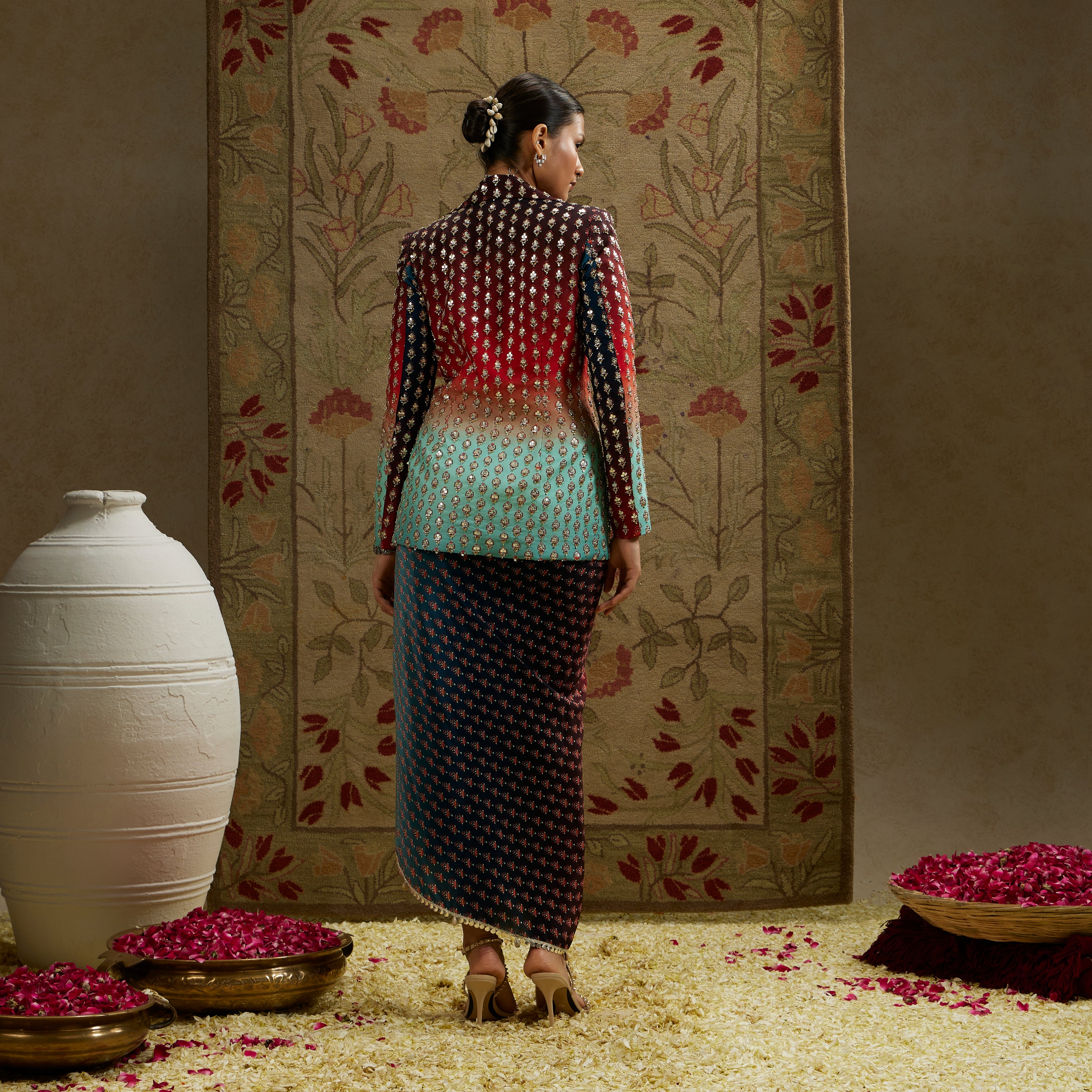 Red Blue Ombre Print Embellished Blazer with Drape Skirt