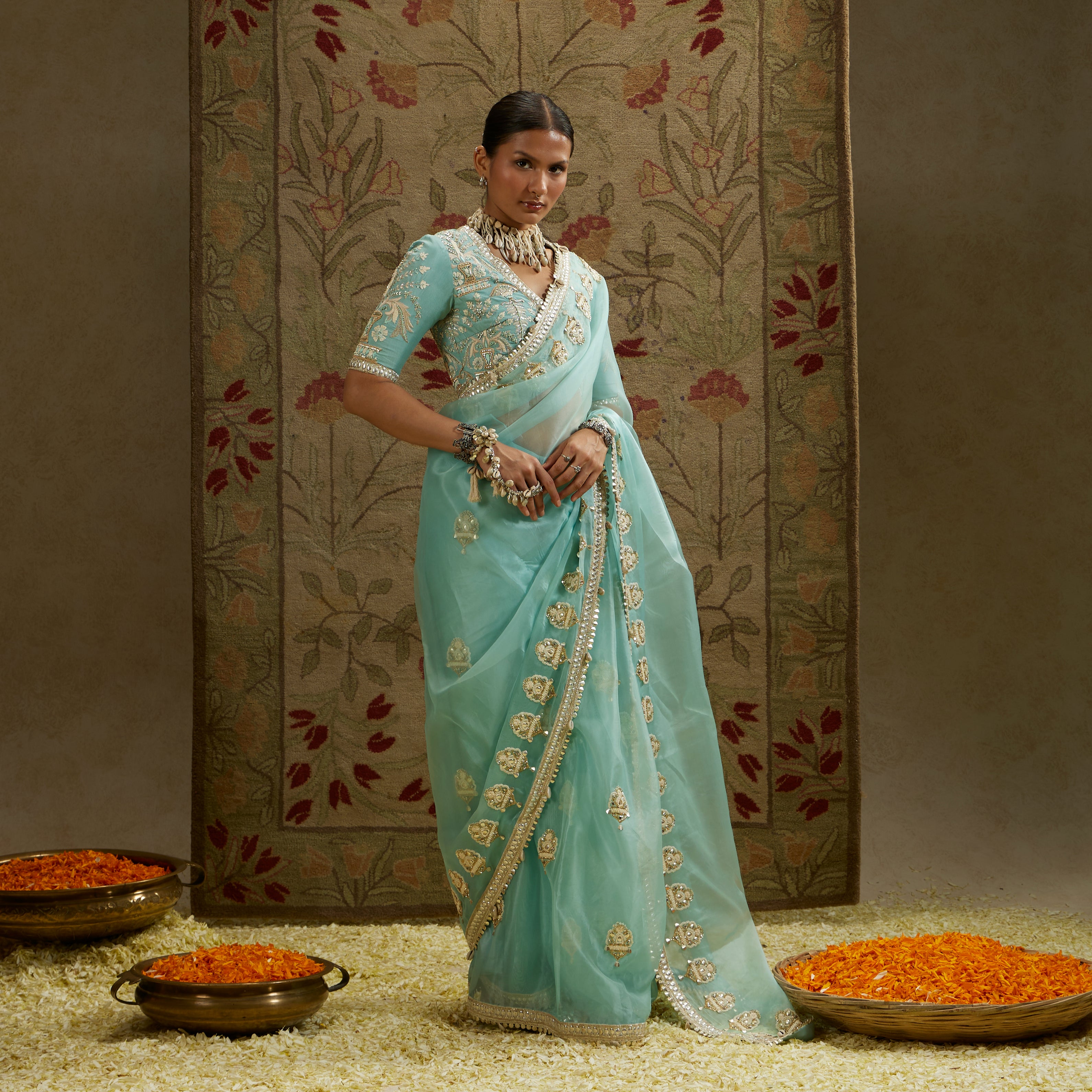 Teal Blue Organza Embellished Saree with Blouse