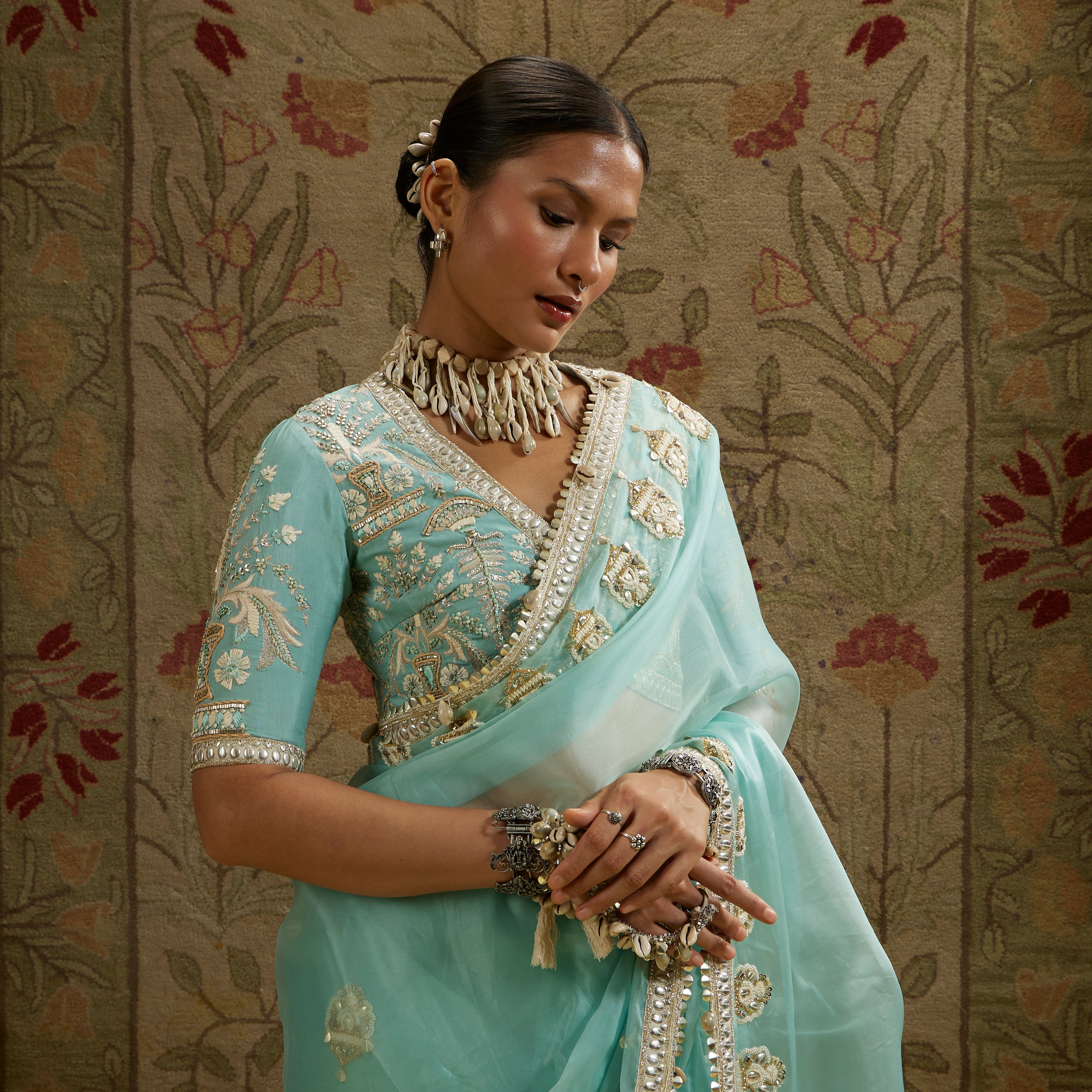 Teal Blue Organza Embellished Saree with Blouse