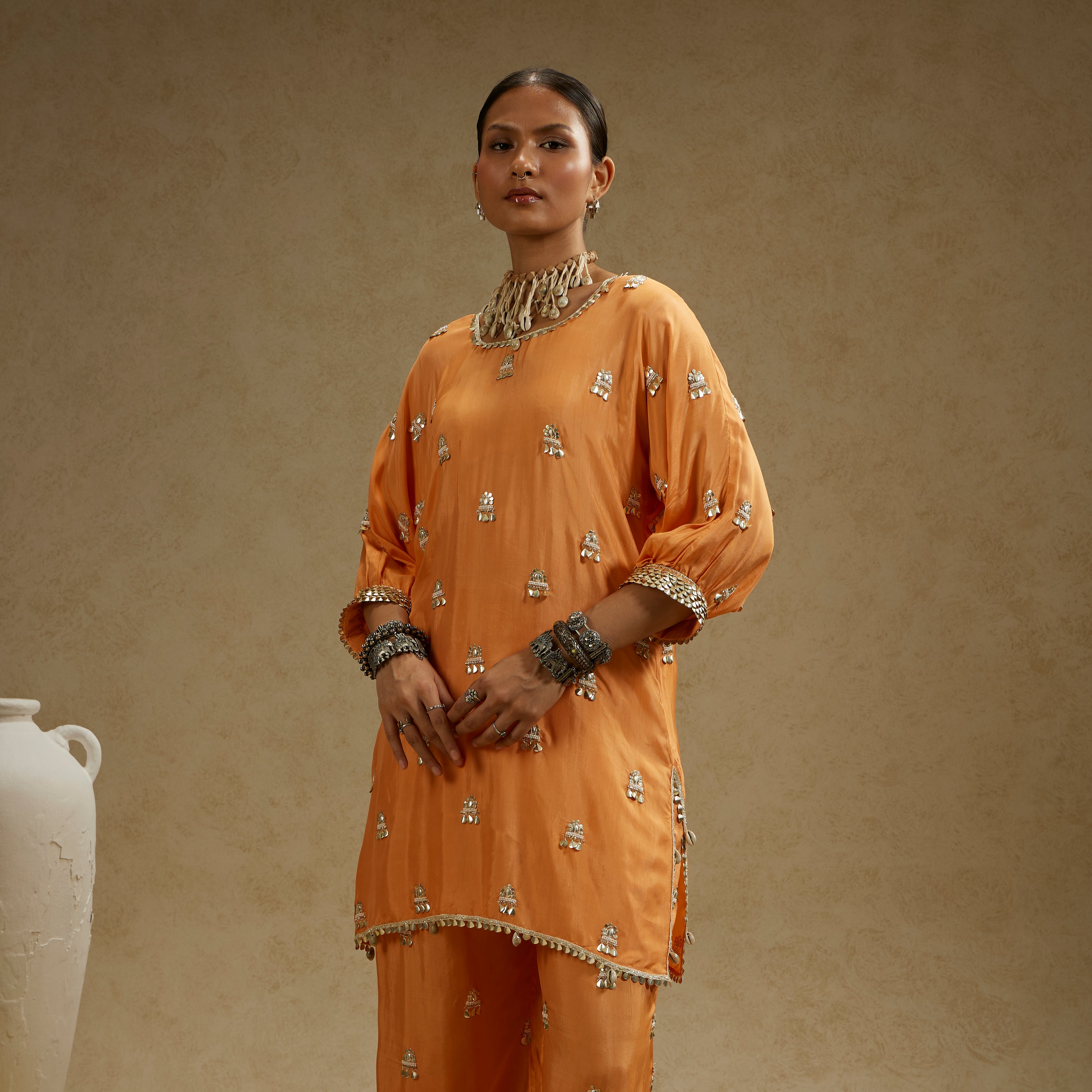 Orange Embellished Tunic Set