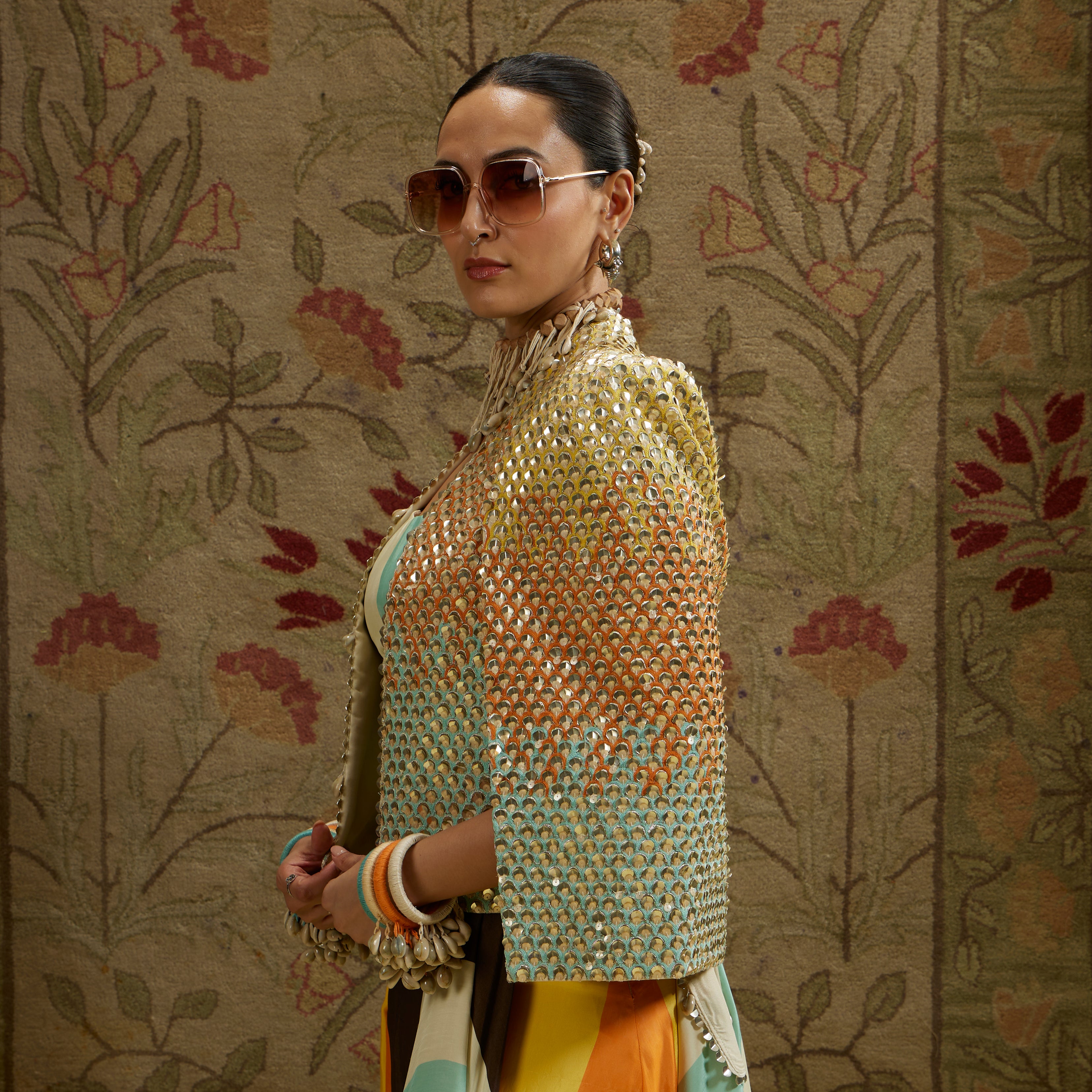 Multi-Colored Metallic Cape Jacket with Bustier and Drape Skirt