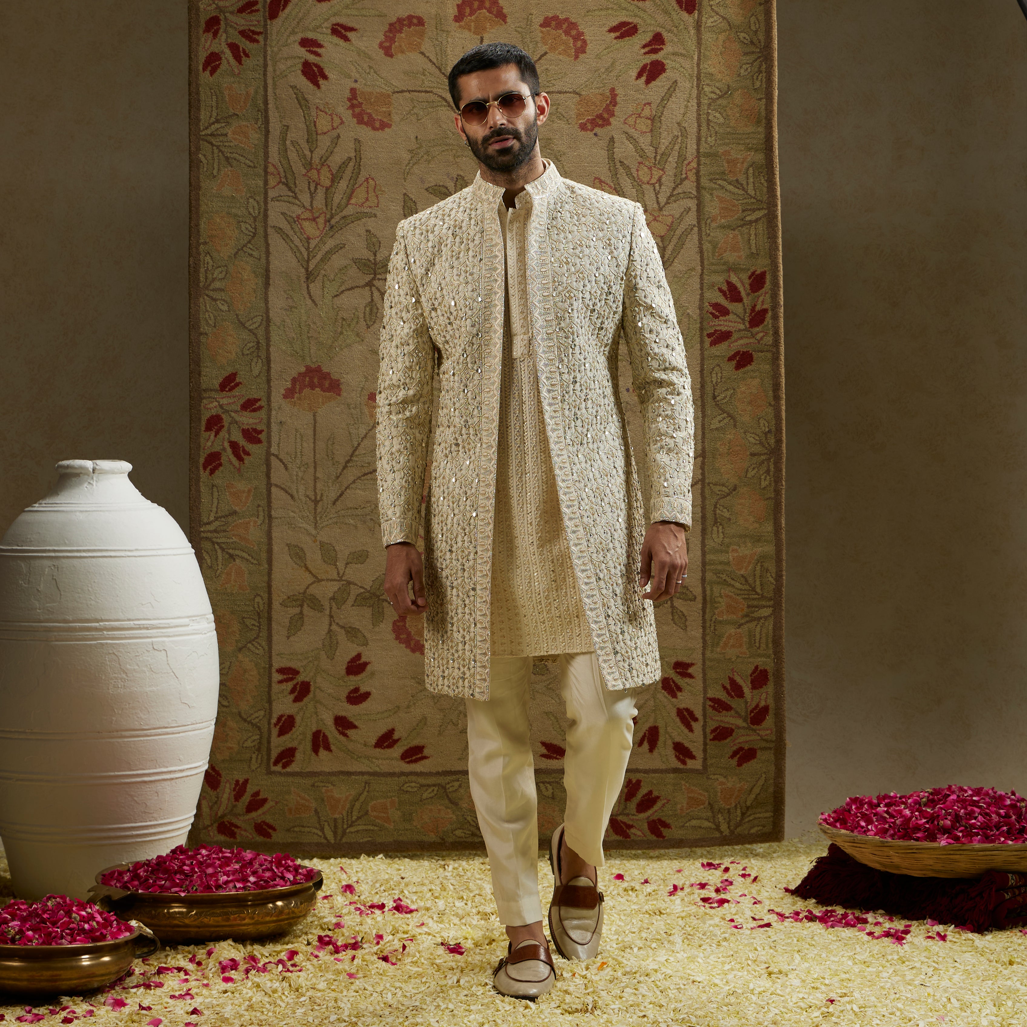 Magnolia Cream Embellished Sherwani and Pants