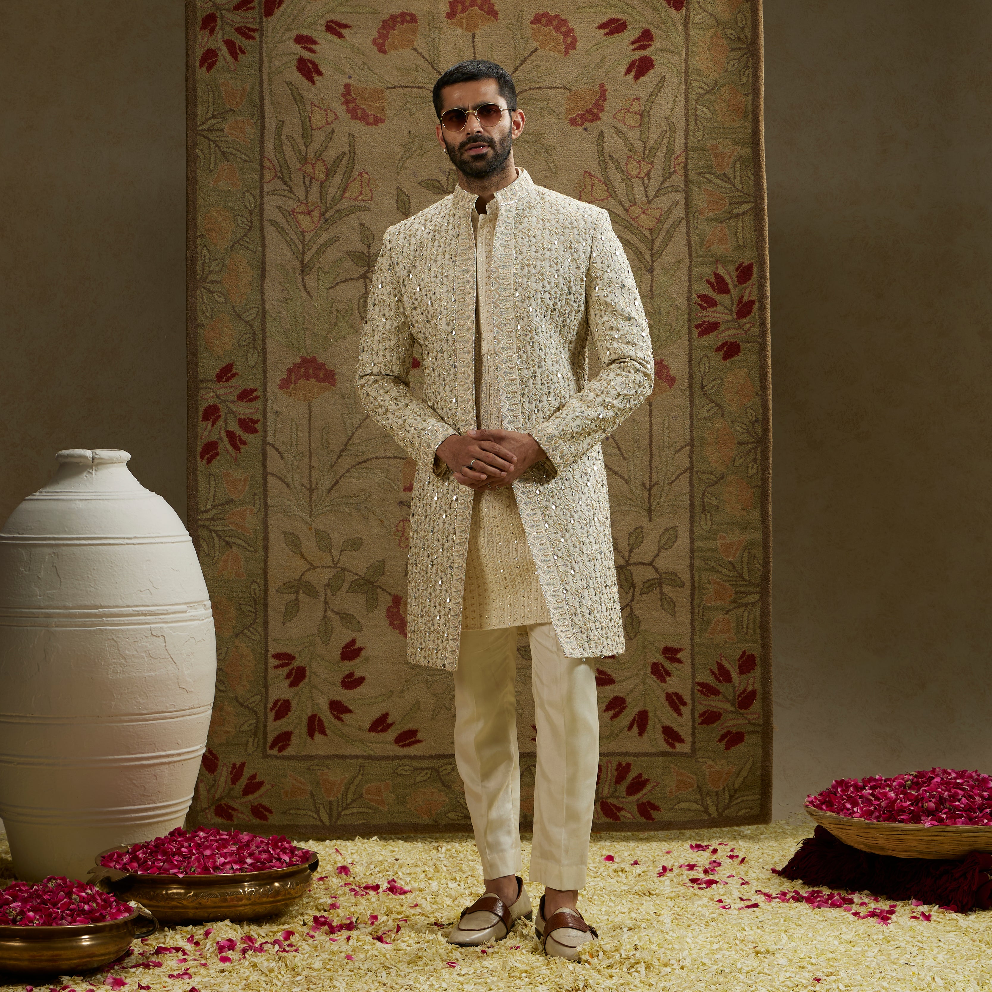 Magnolia Cream Embellished Sherwani and Pants