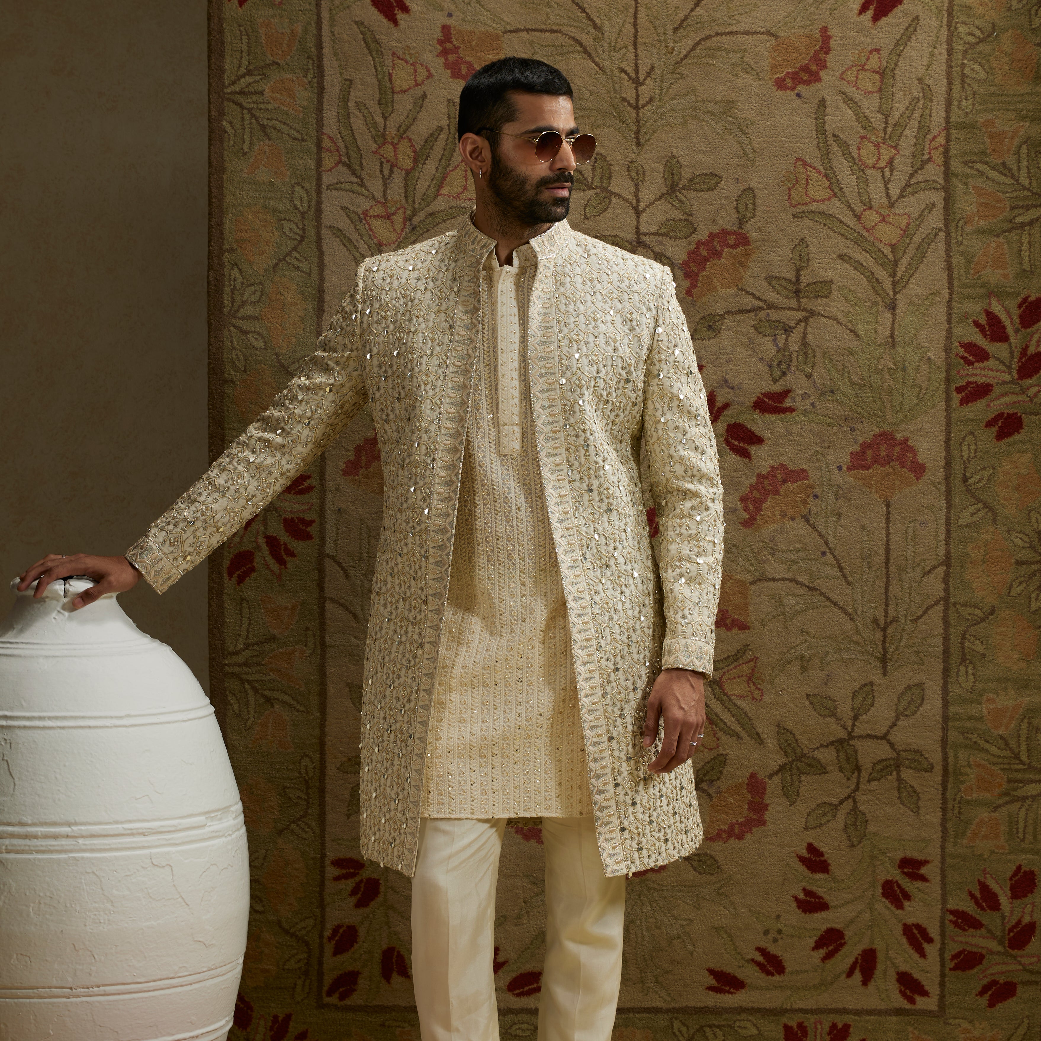 Magnolia Cream Embellished Sherwani and Pants