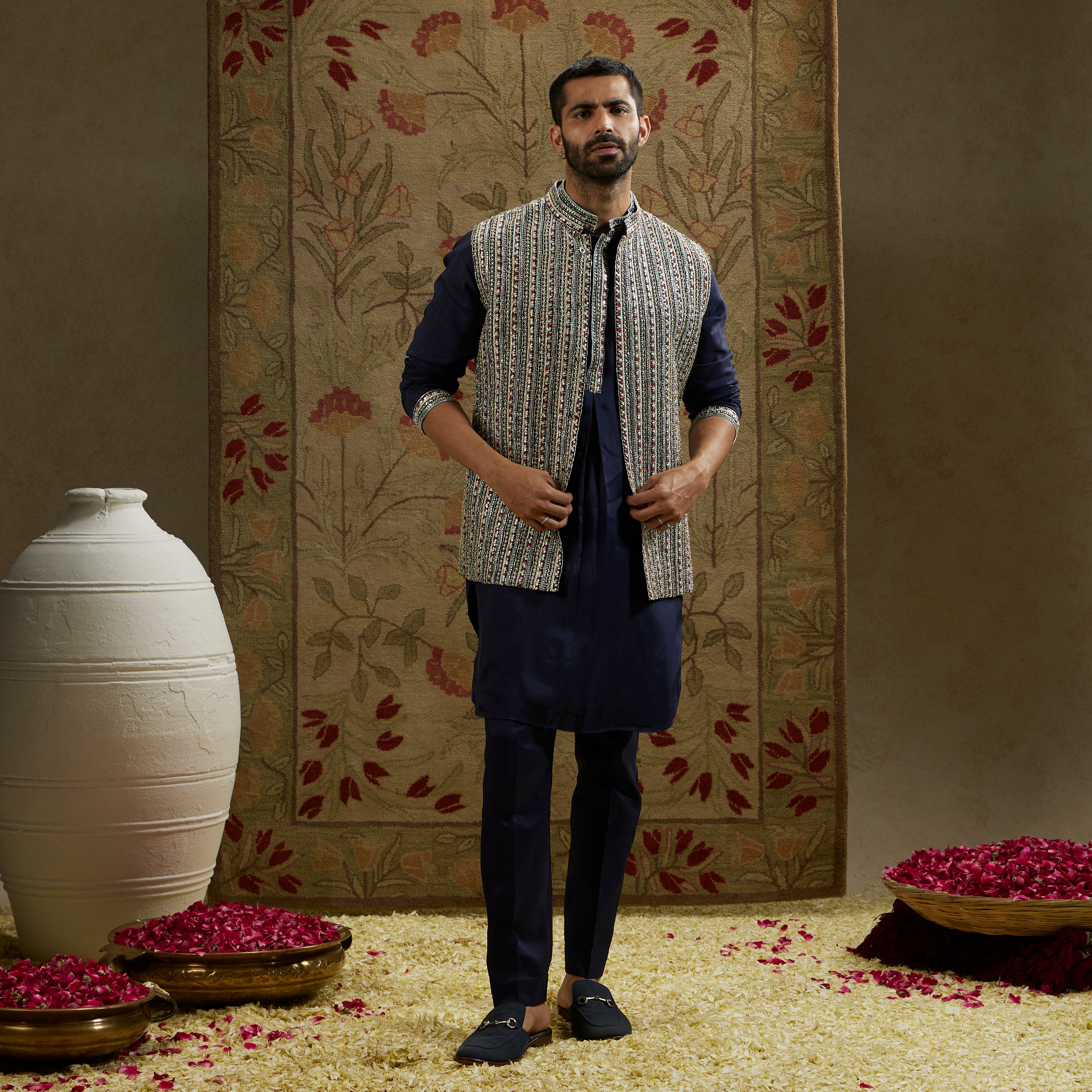 Midnight Blue Border Embellished Bundi