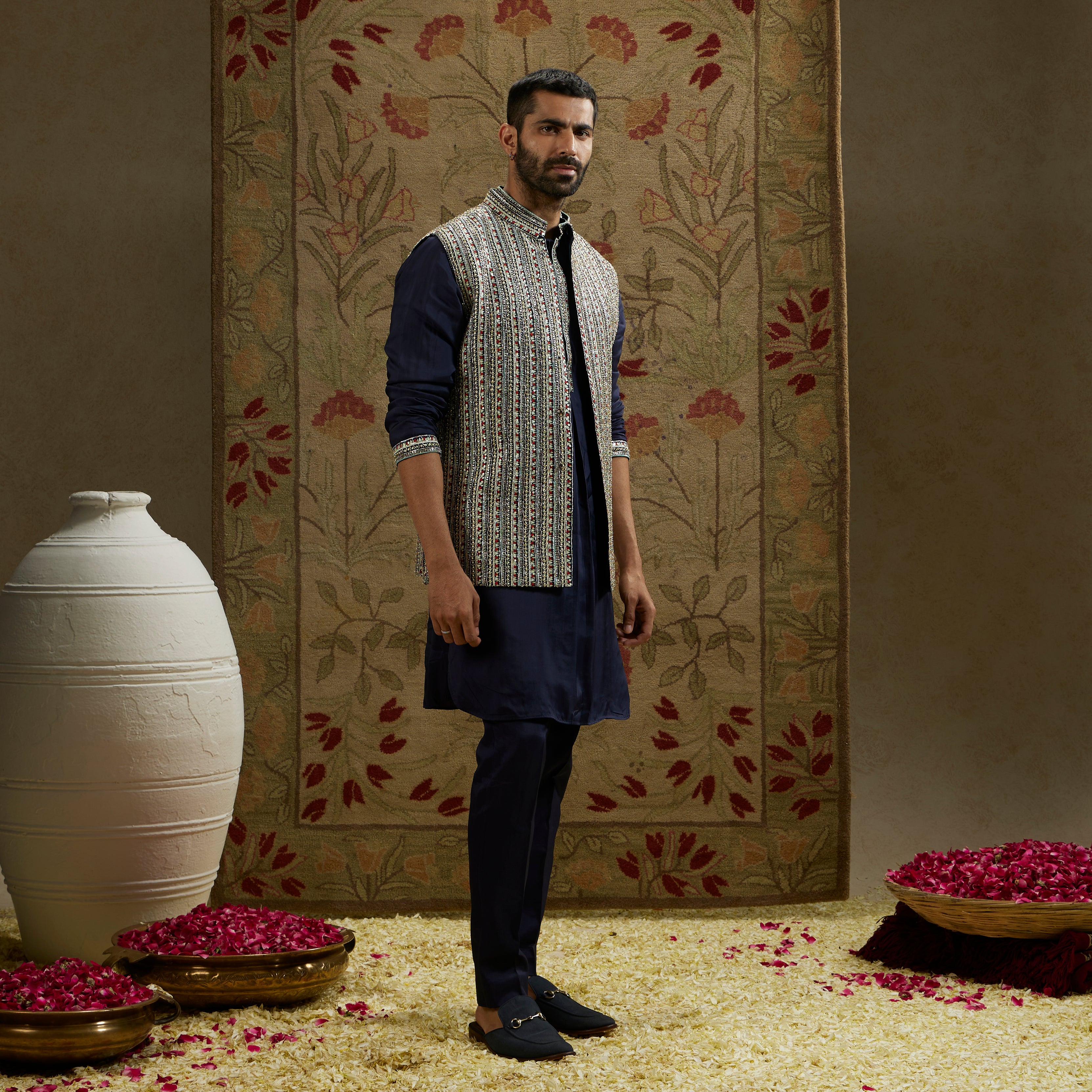 Midnight Blue Border Embellished Bundi