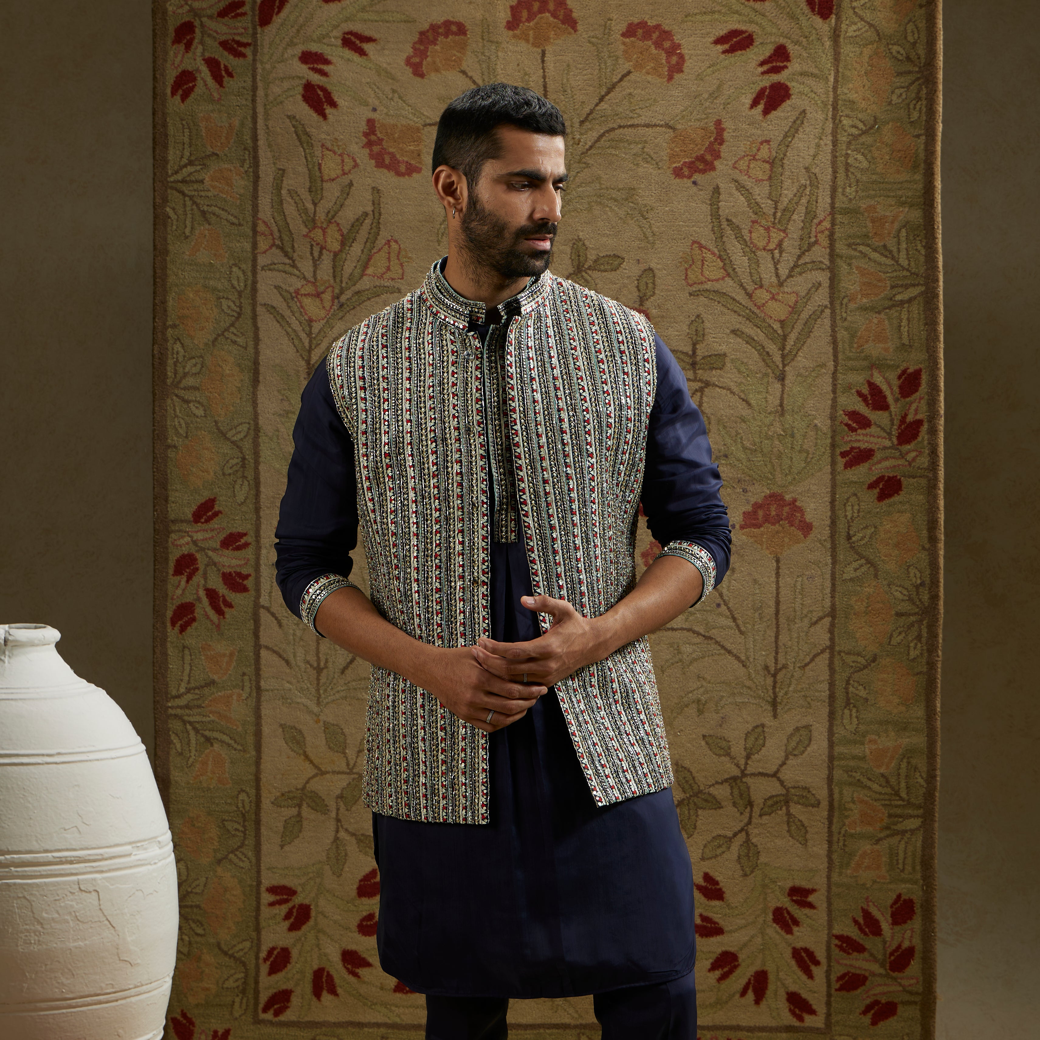Midnight Blue Border Embellished Bundi