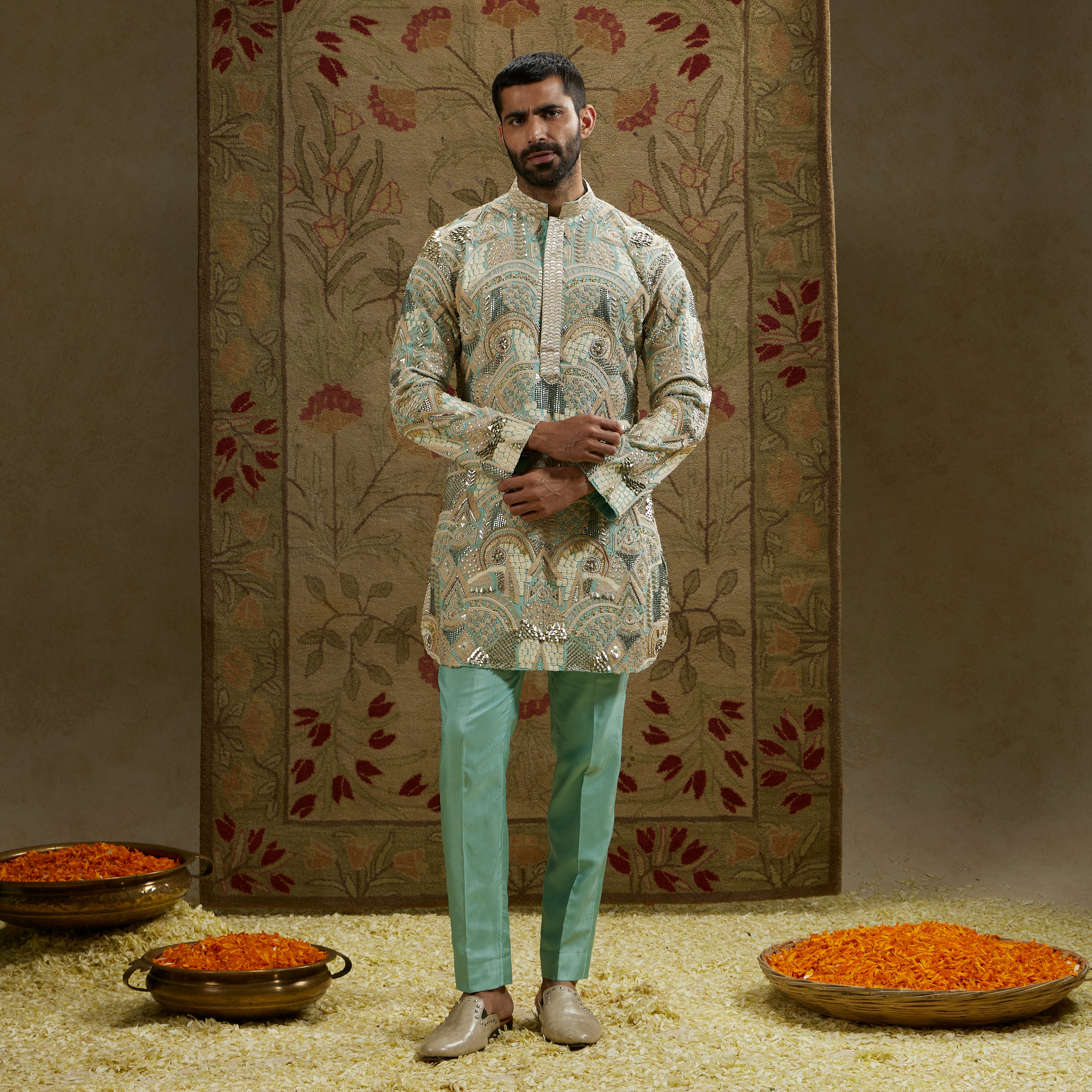 Teal Blue Embellished Kurta Set