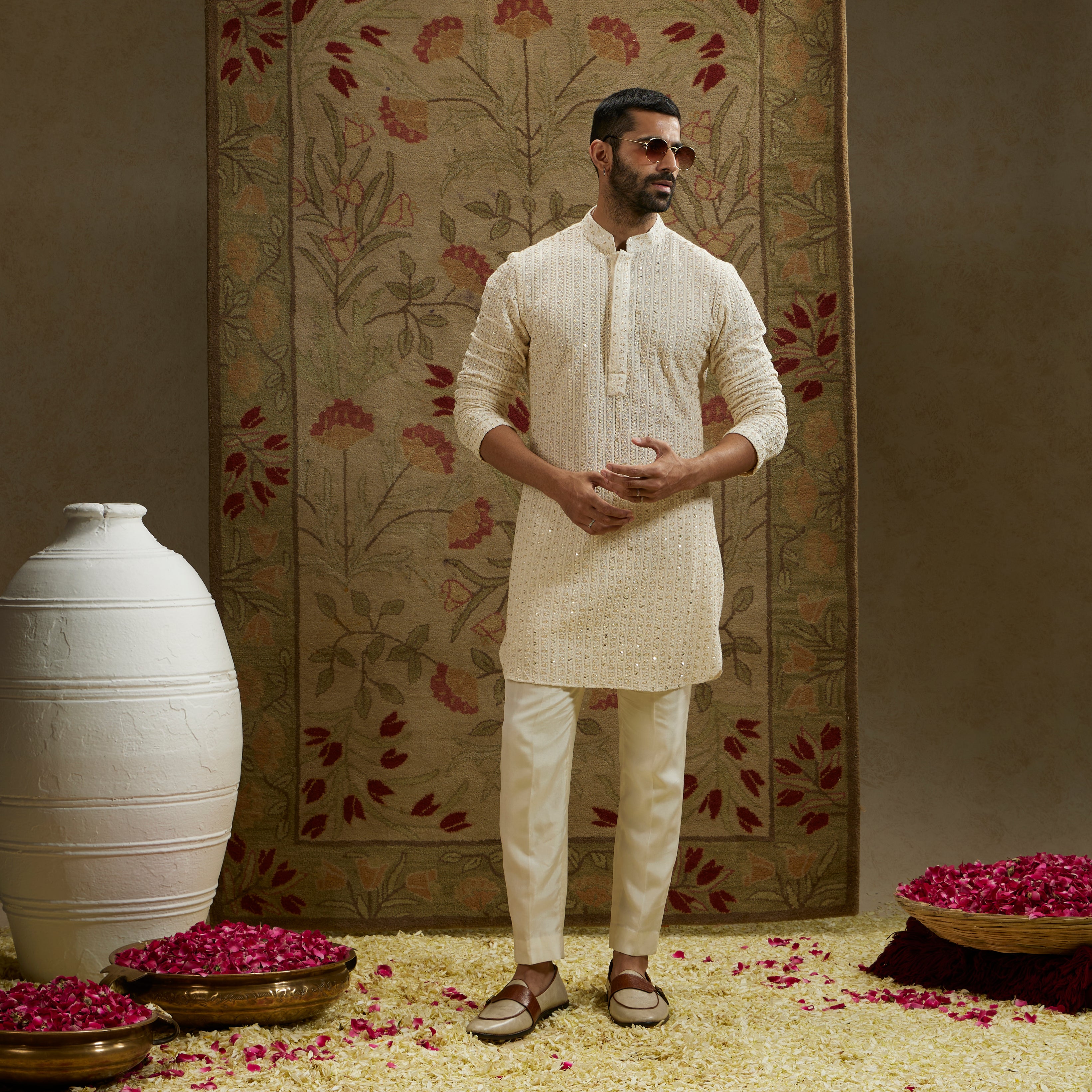 Magnolia Cream Sequin Cut-Dana Lucknowi Kurta Set