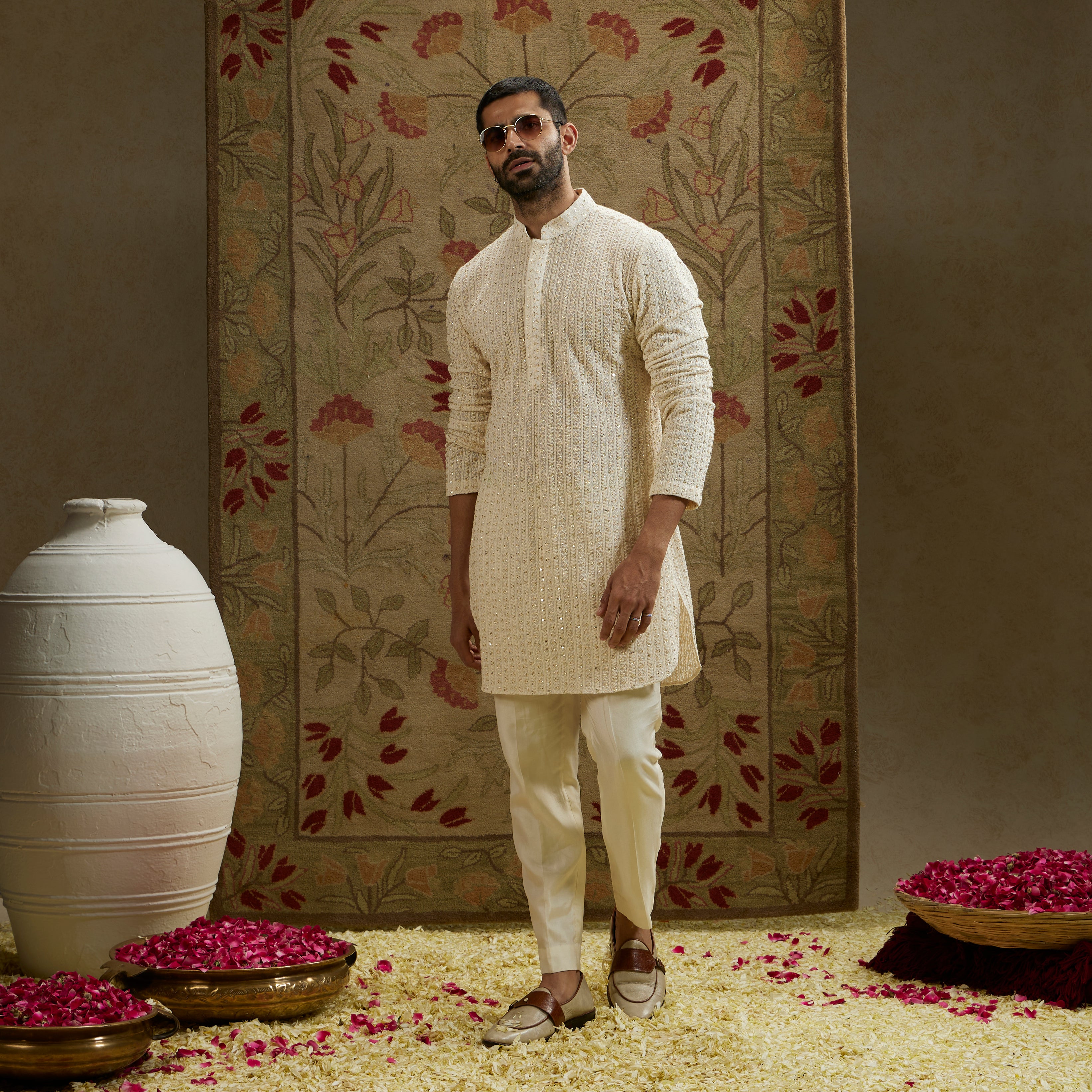 Magnolia Cream Sequin Cut-Dana Lucknowi Kurta Set