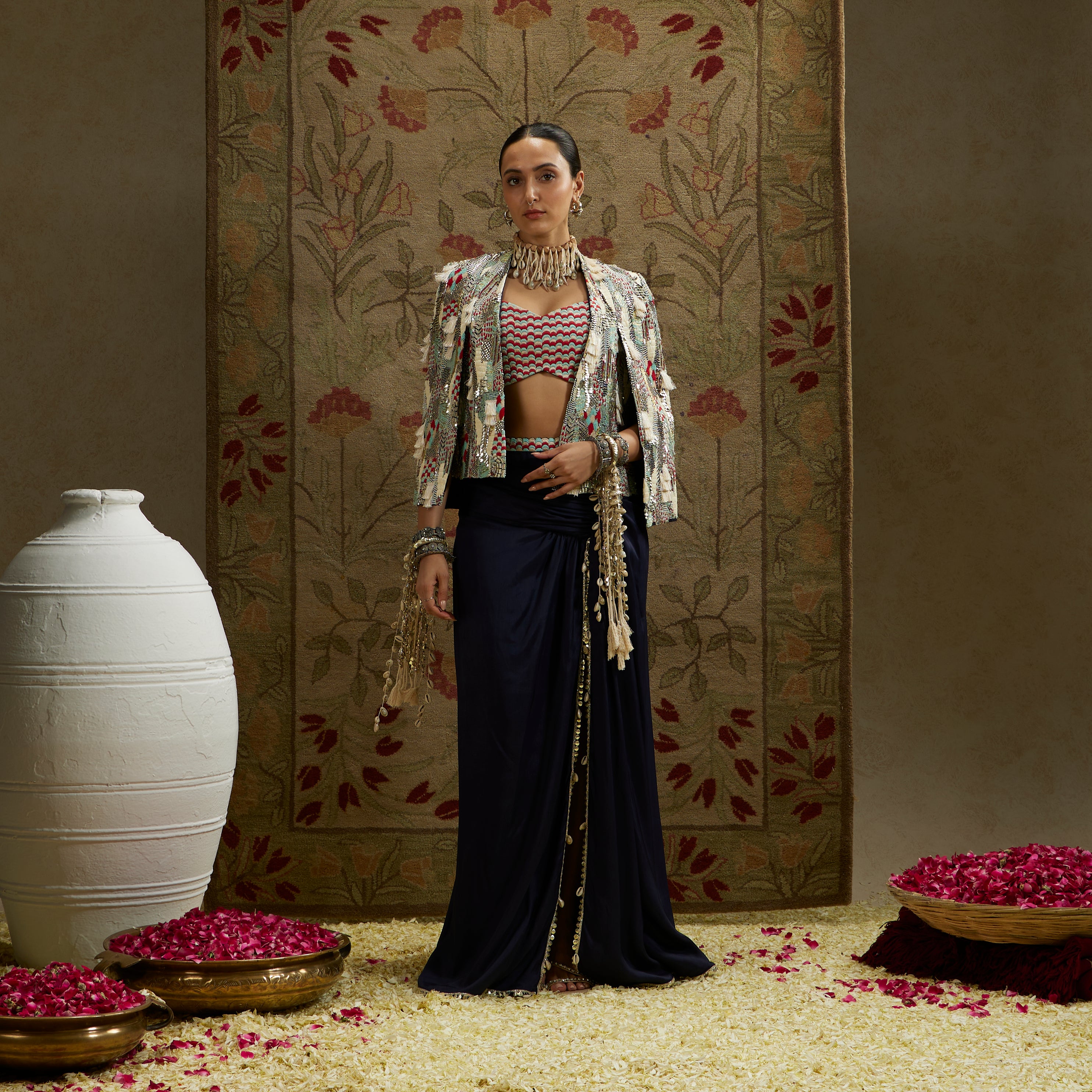 Abstract Embellished Cape Jacket with Bustier and High-Slit Skirt