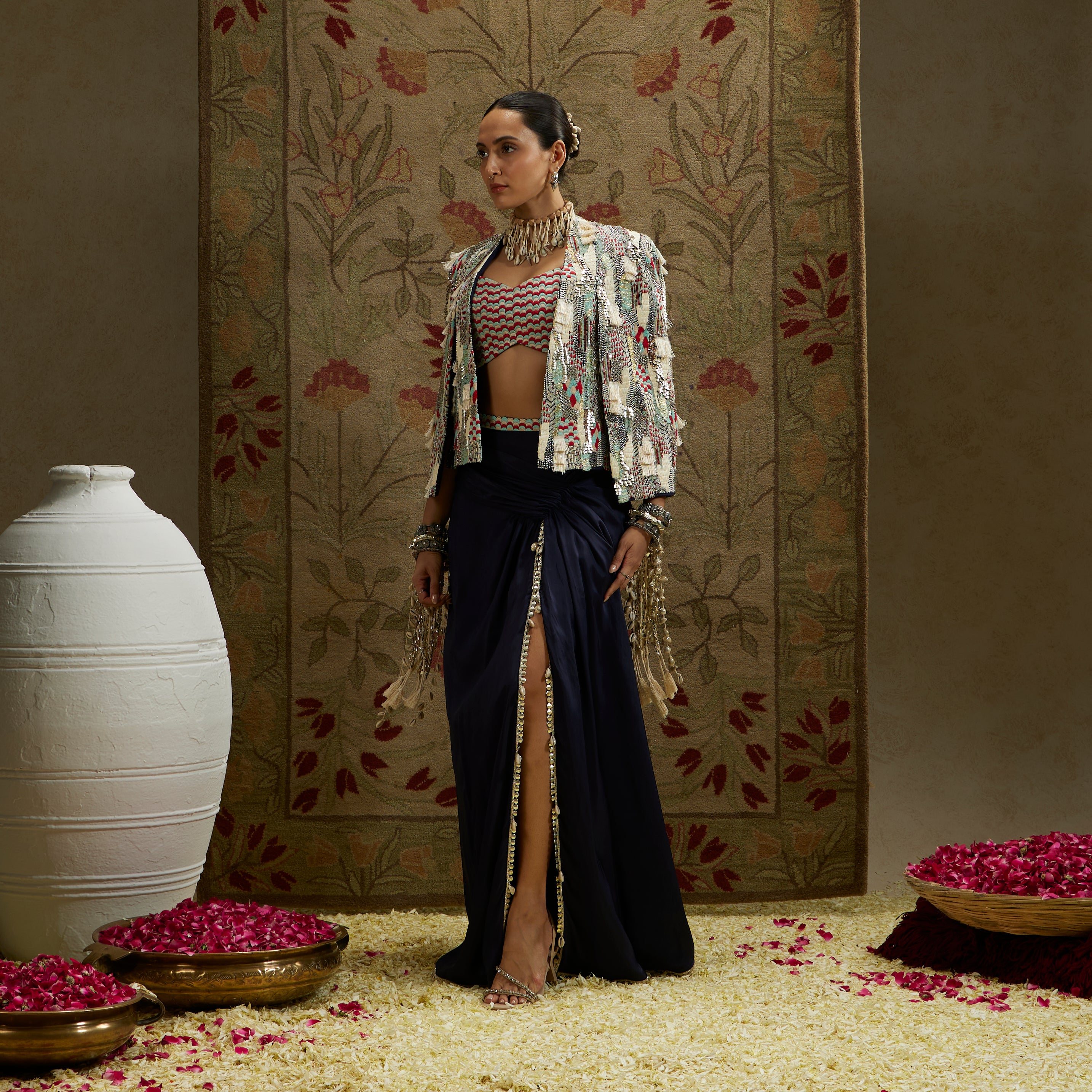 Abstract Embellished Cape Jacket with Bustier and High-Slit Skirt