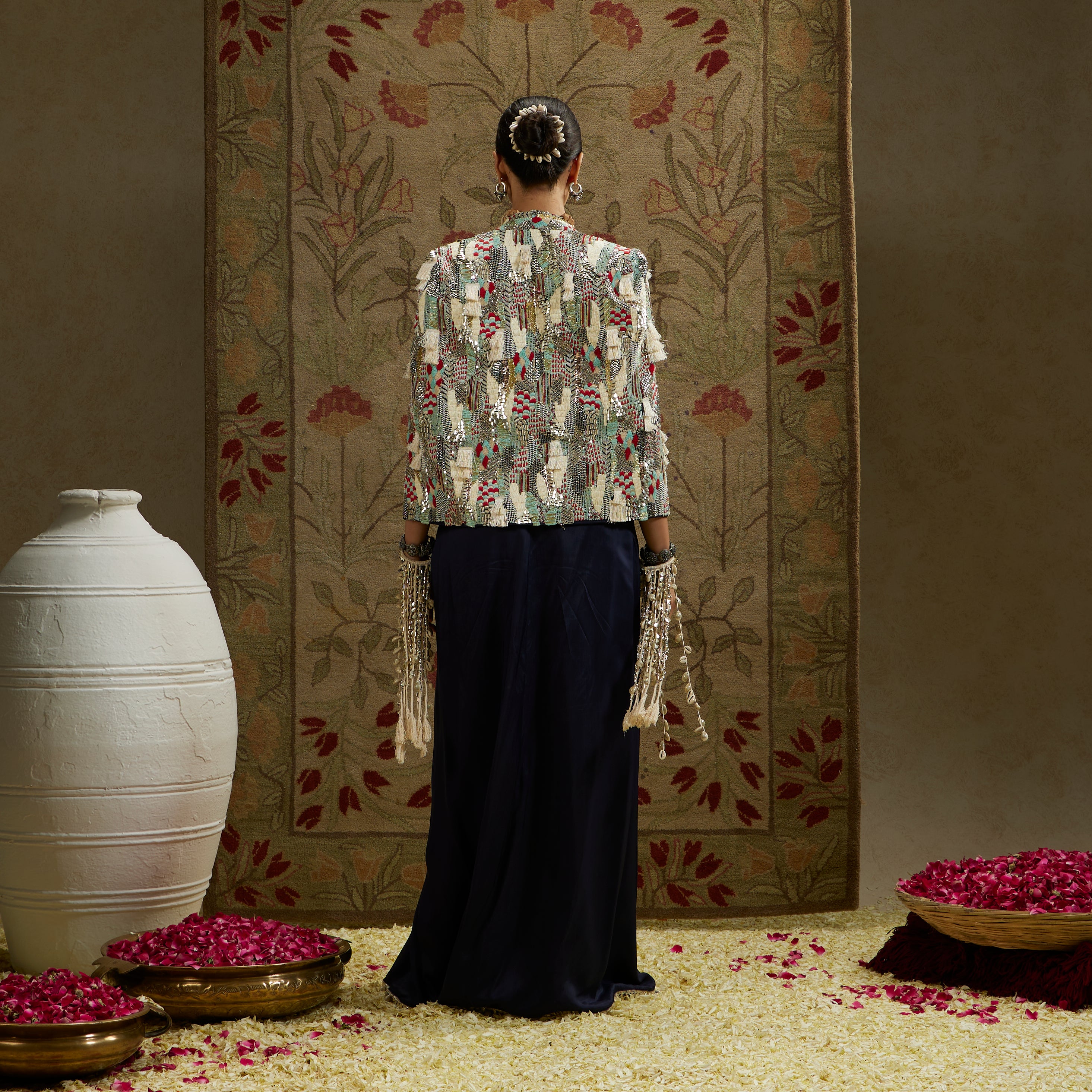 Abstract Embellished Cape Jacket with Bustier and High-Slit Skirt