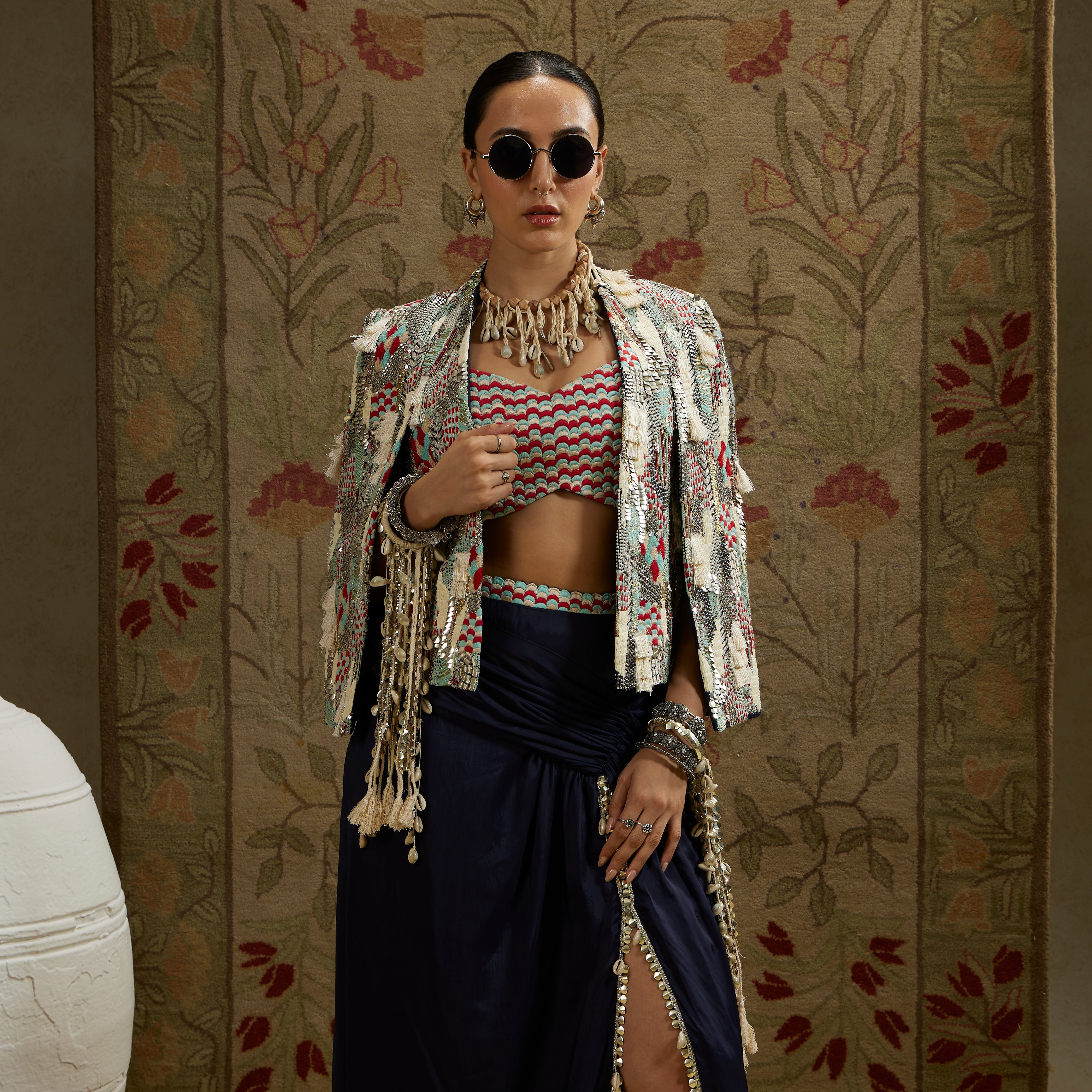 Abstract Embellished Cape Jacket with Bustier and High-Slit Skirt