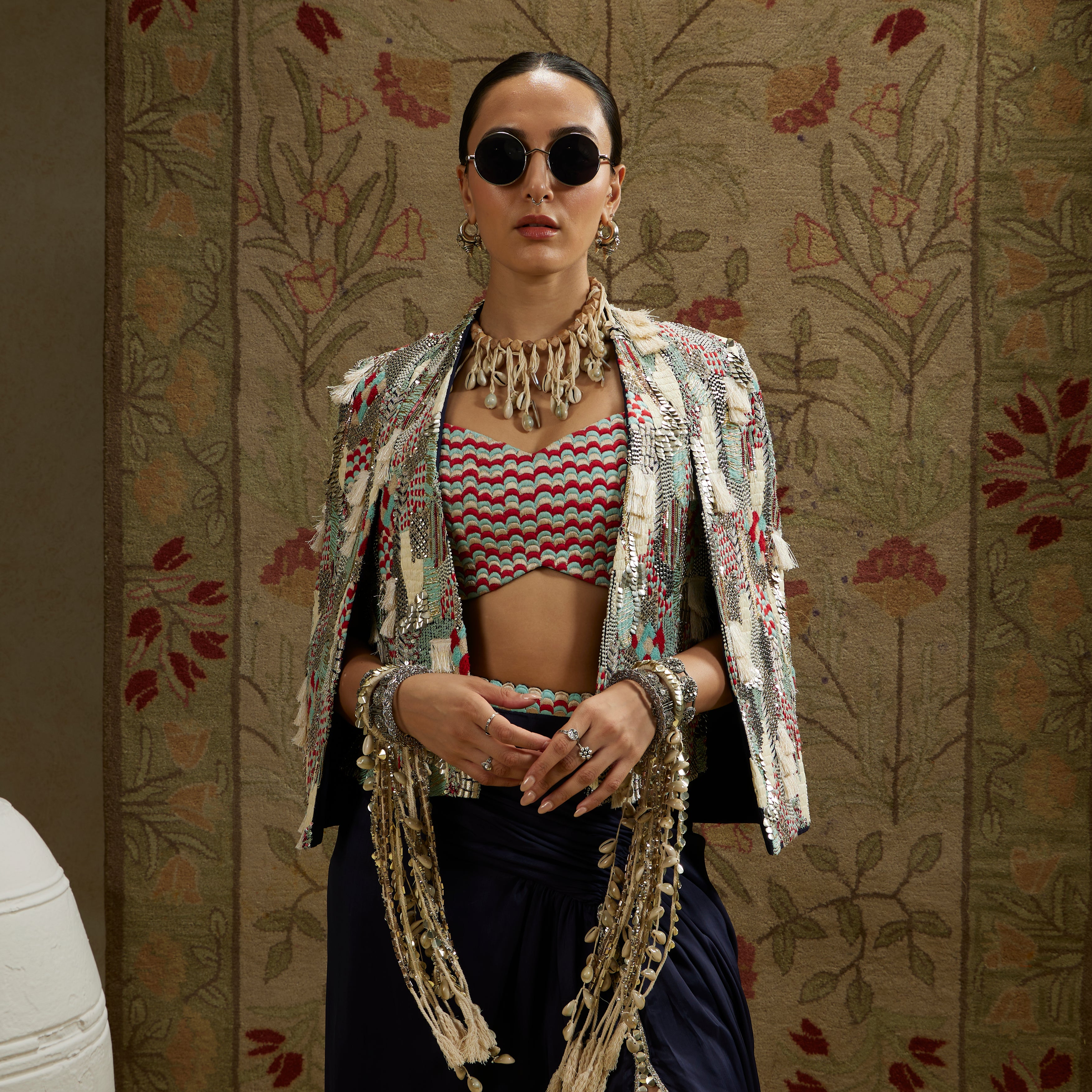 Abstract Embellished Cape Jacket with Bustier and High-Slit Skirt