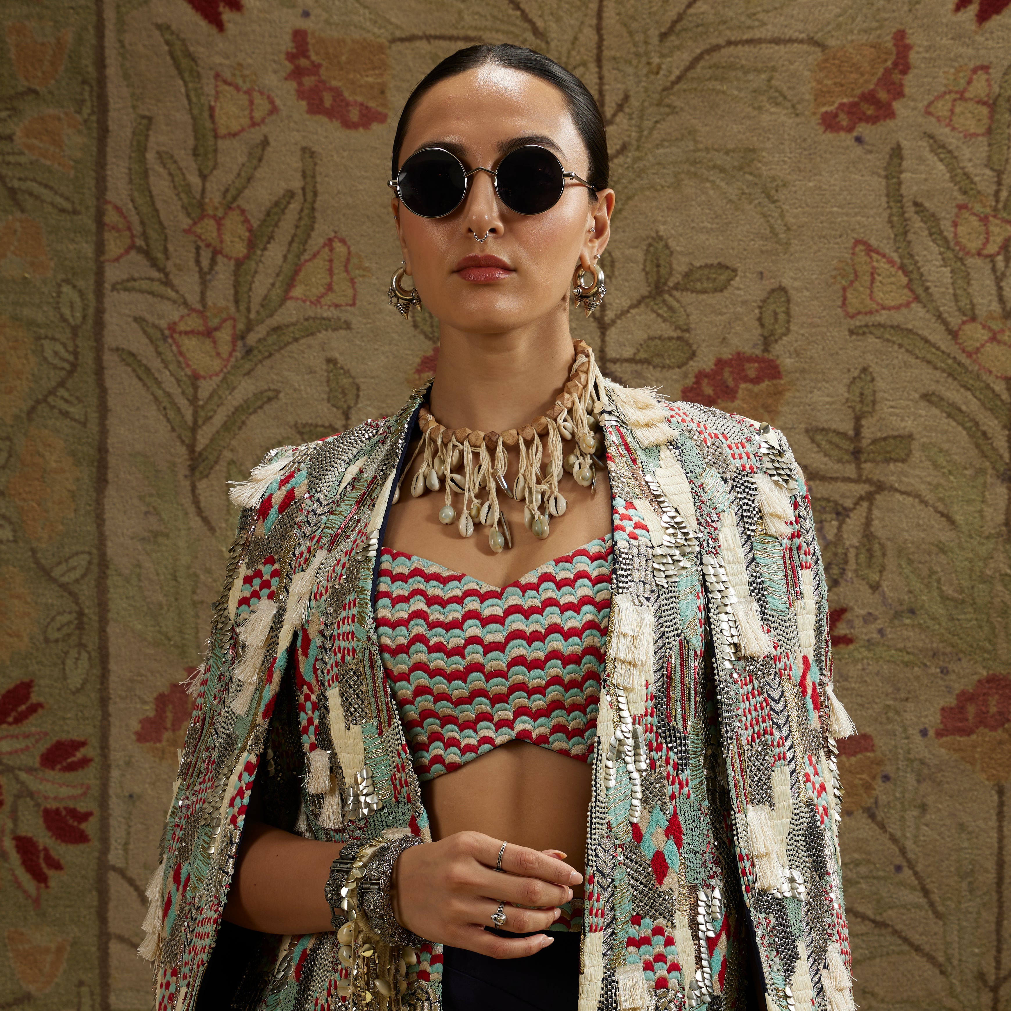 Abstract Embellished Cape Jacket with Bustier and High-Slit Skirt