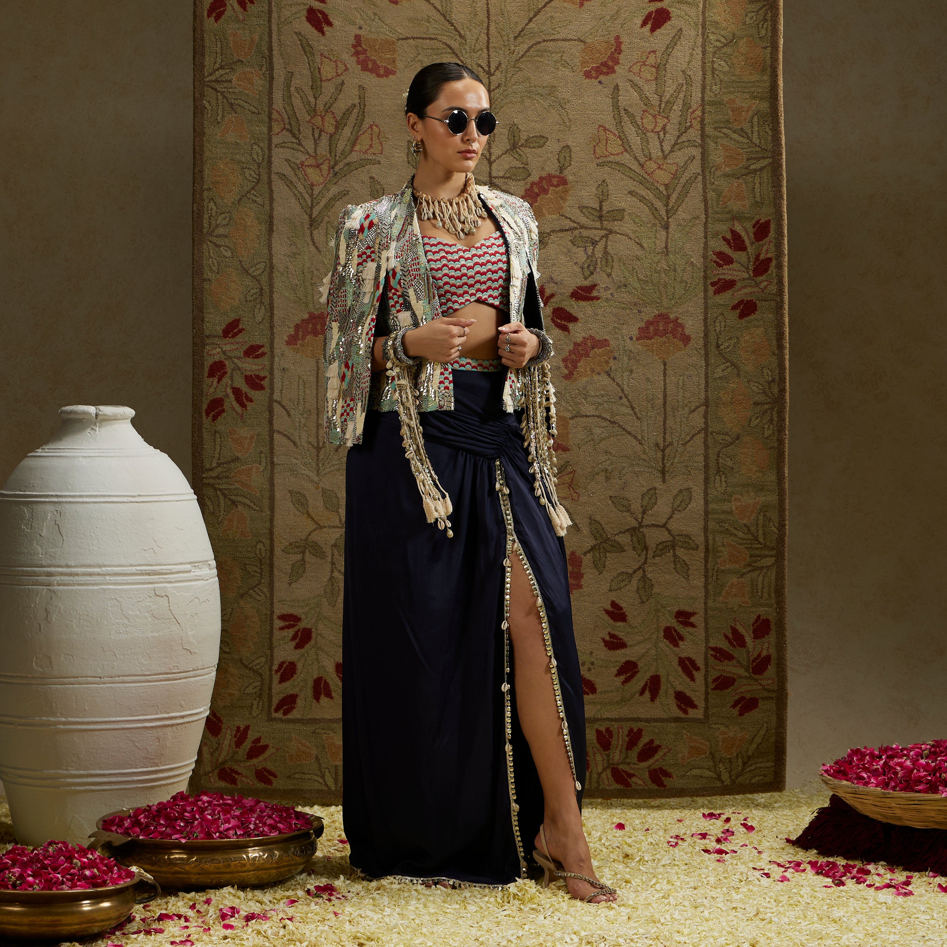 Abstract Embellished Cape Jacket with Bustier and High-Slit Skirt