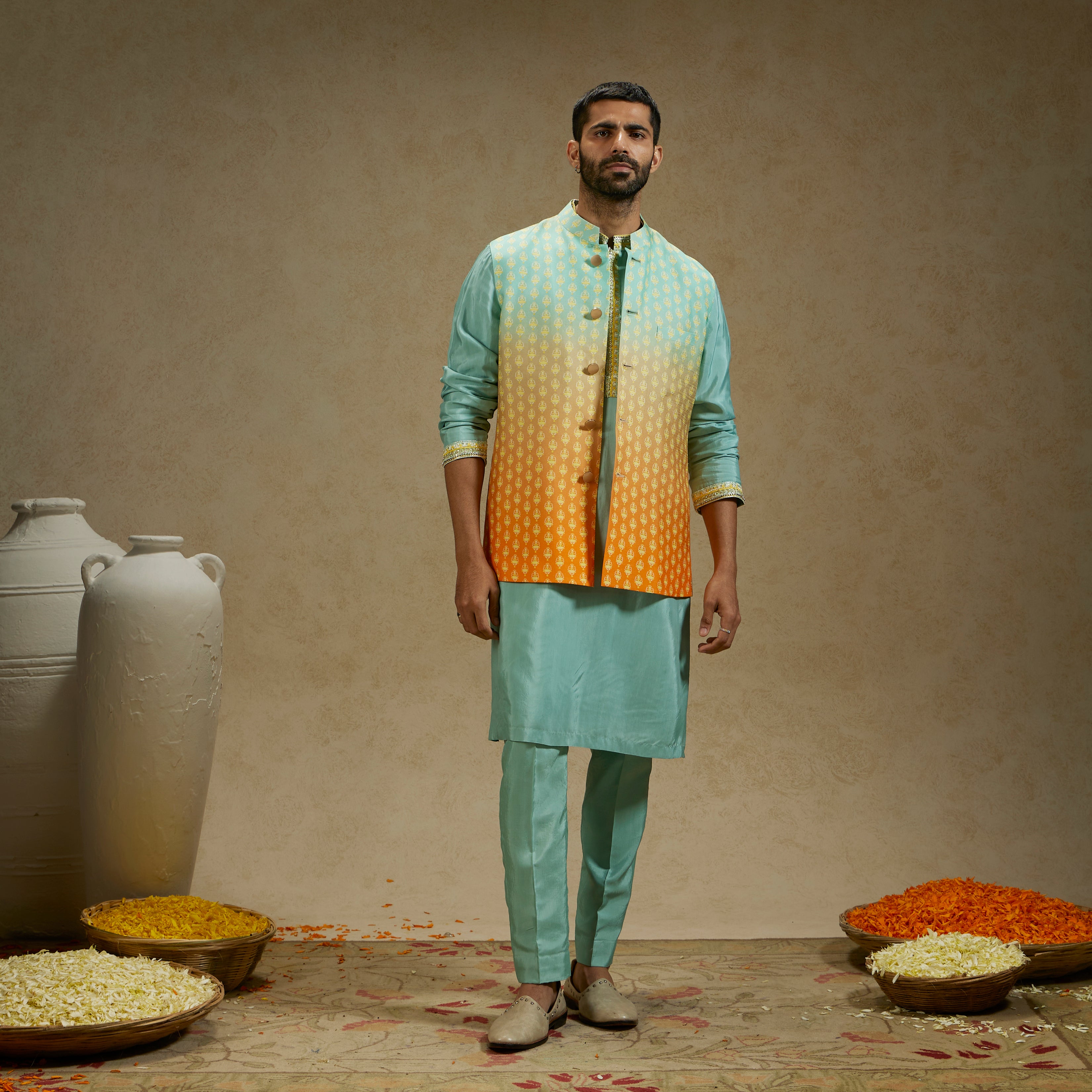 Orange Blue Ombre Butti Printed Bundi