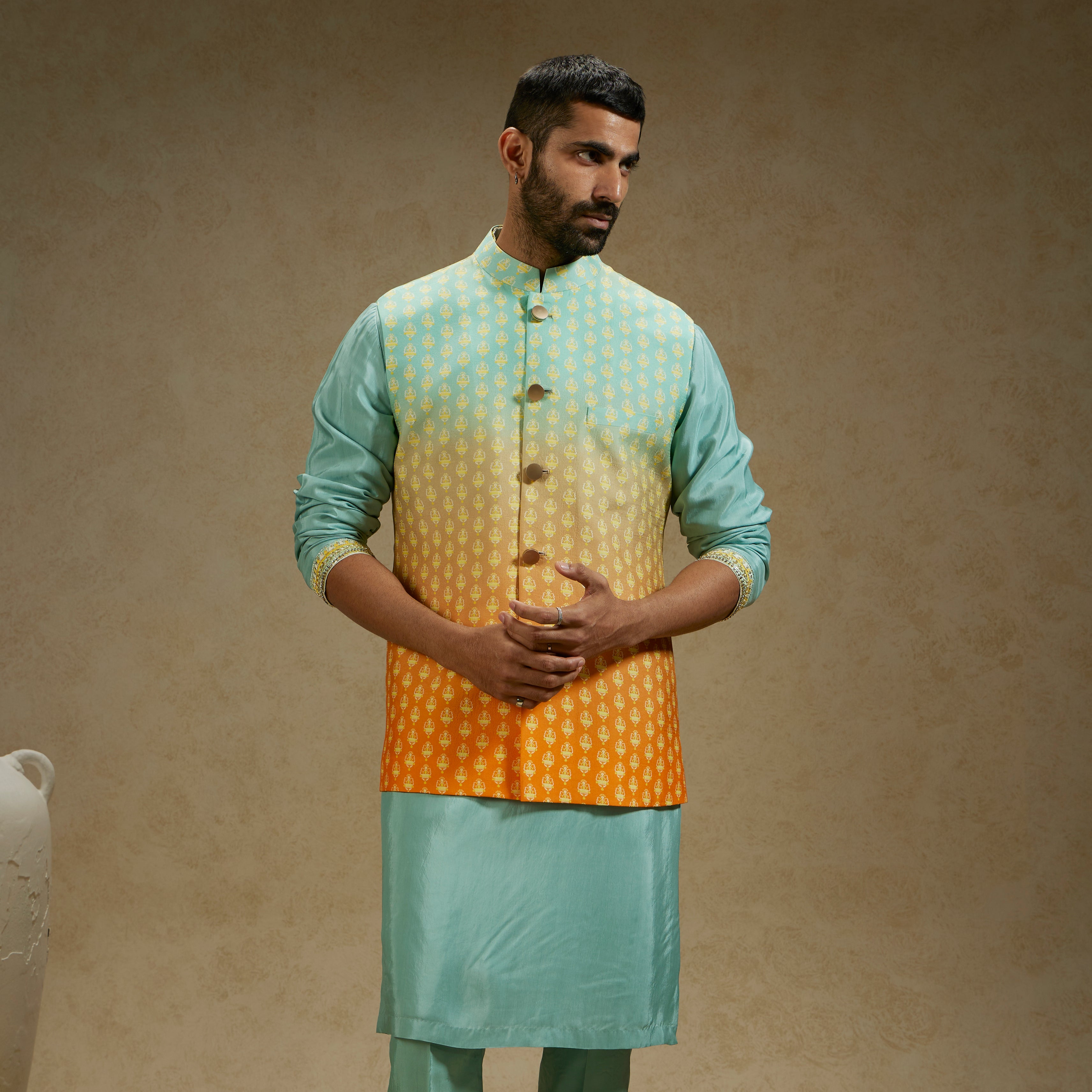 Orange Blue Ombre Butti Printed Bundi