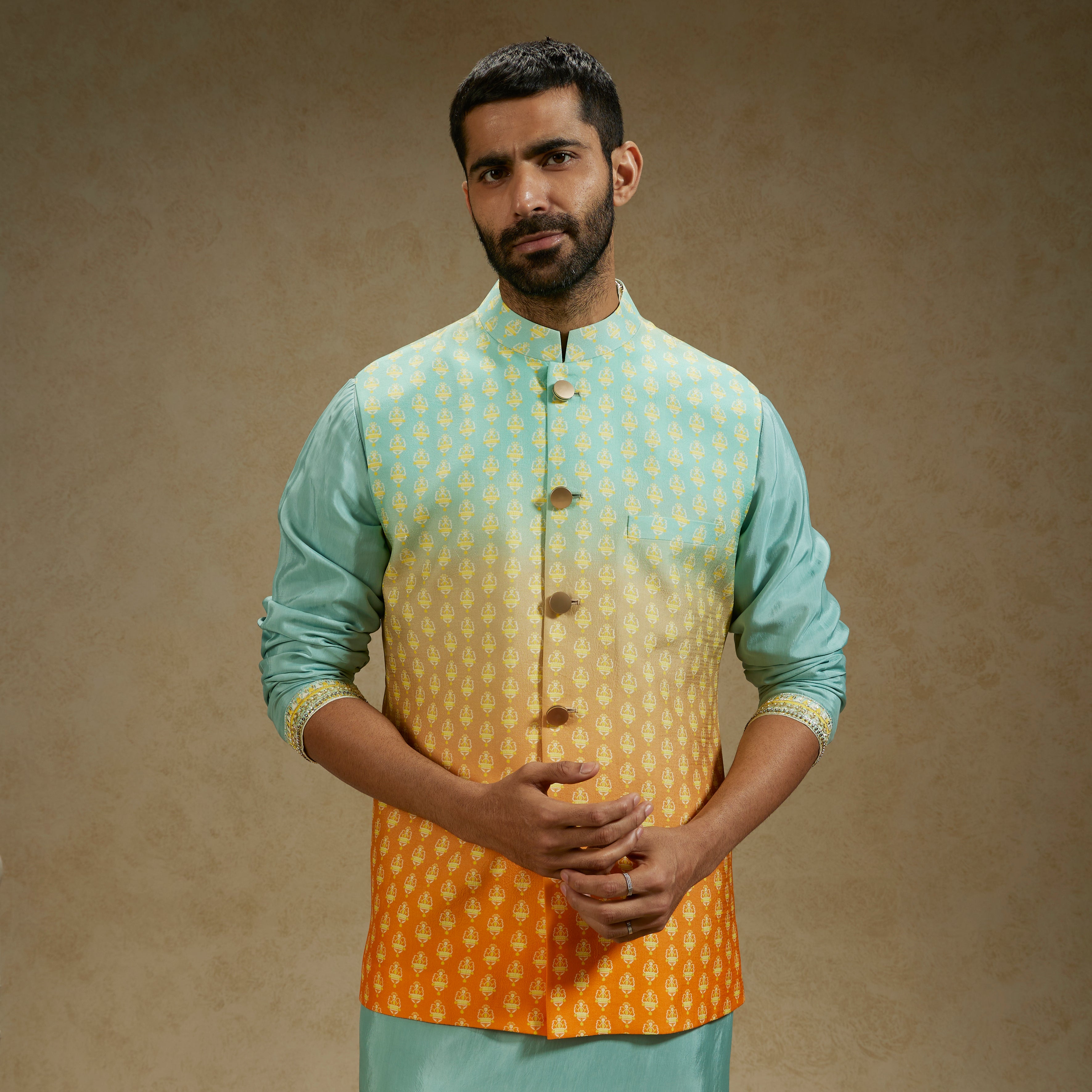 Orange Blue Ombre Butti Printed Bundi