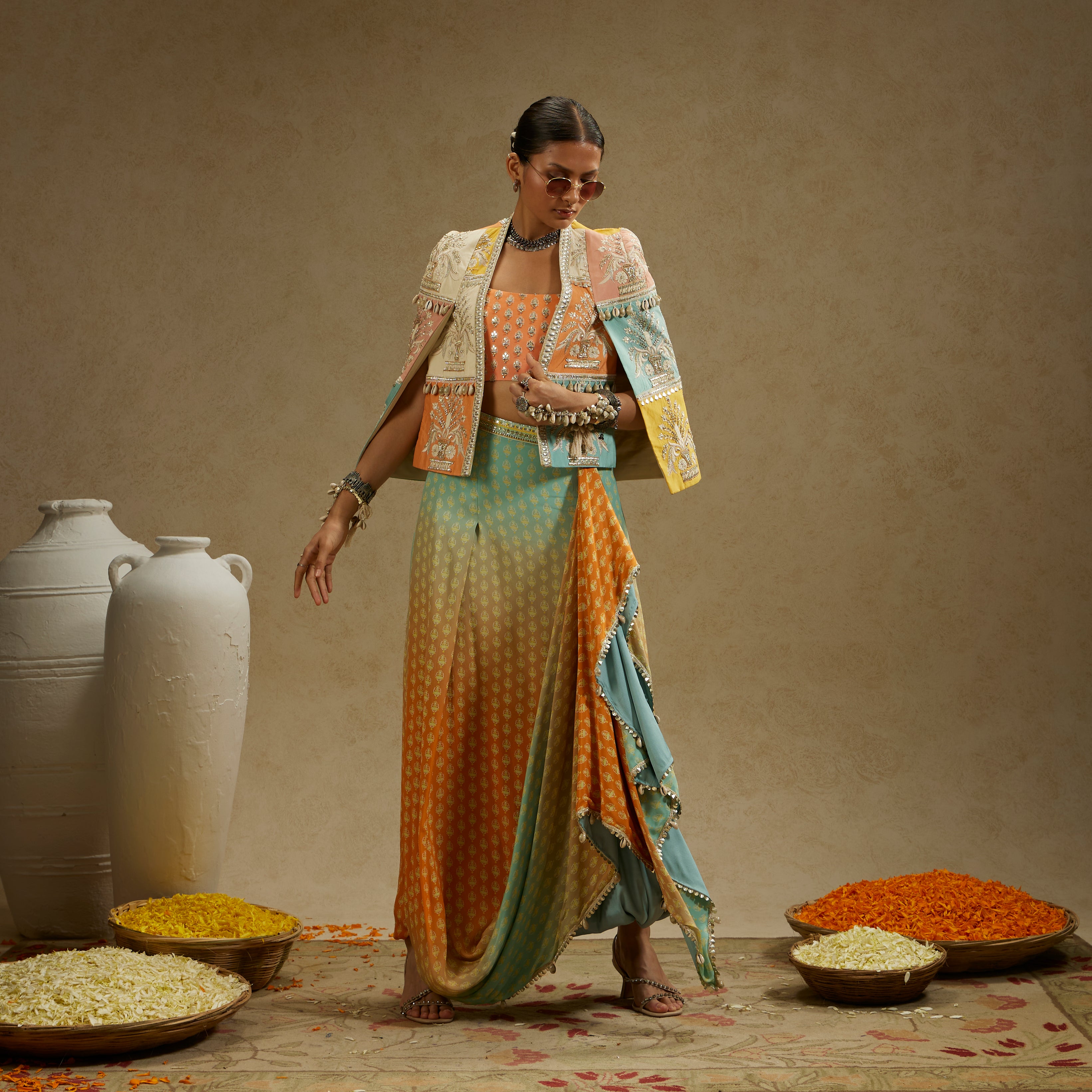 Patchwork Cape Jacket with Bustier and Ombre Print Drape Skirt