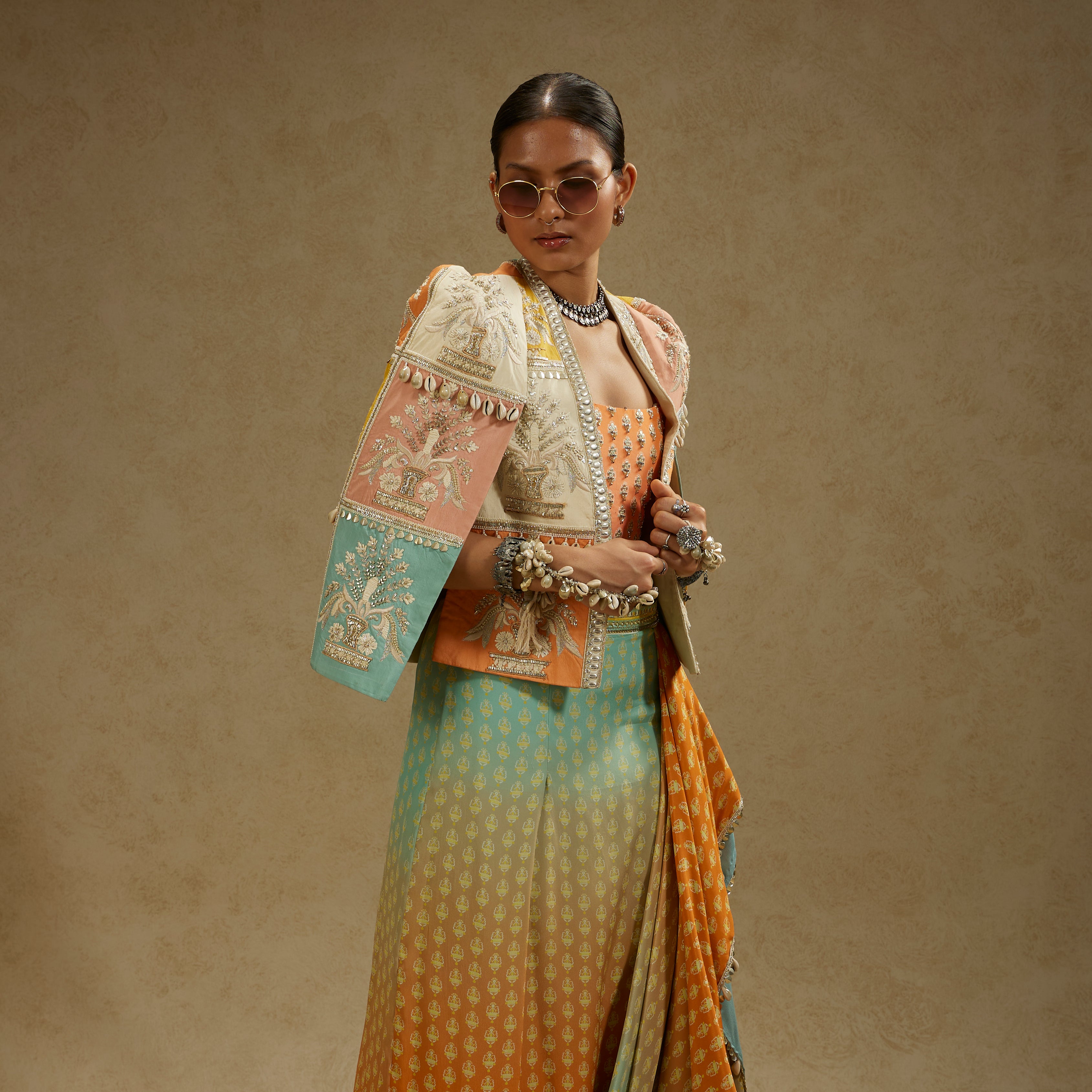 Patchwork Cape Jacket with Bustier and Ombre Print Drape Skirt