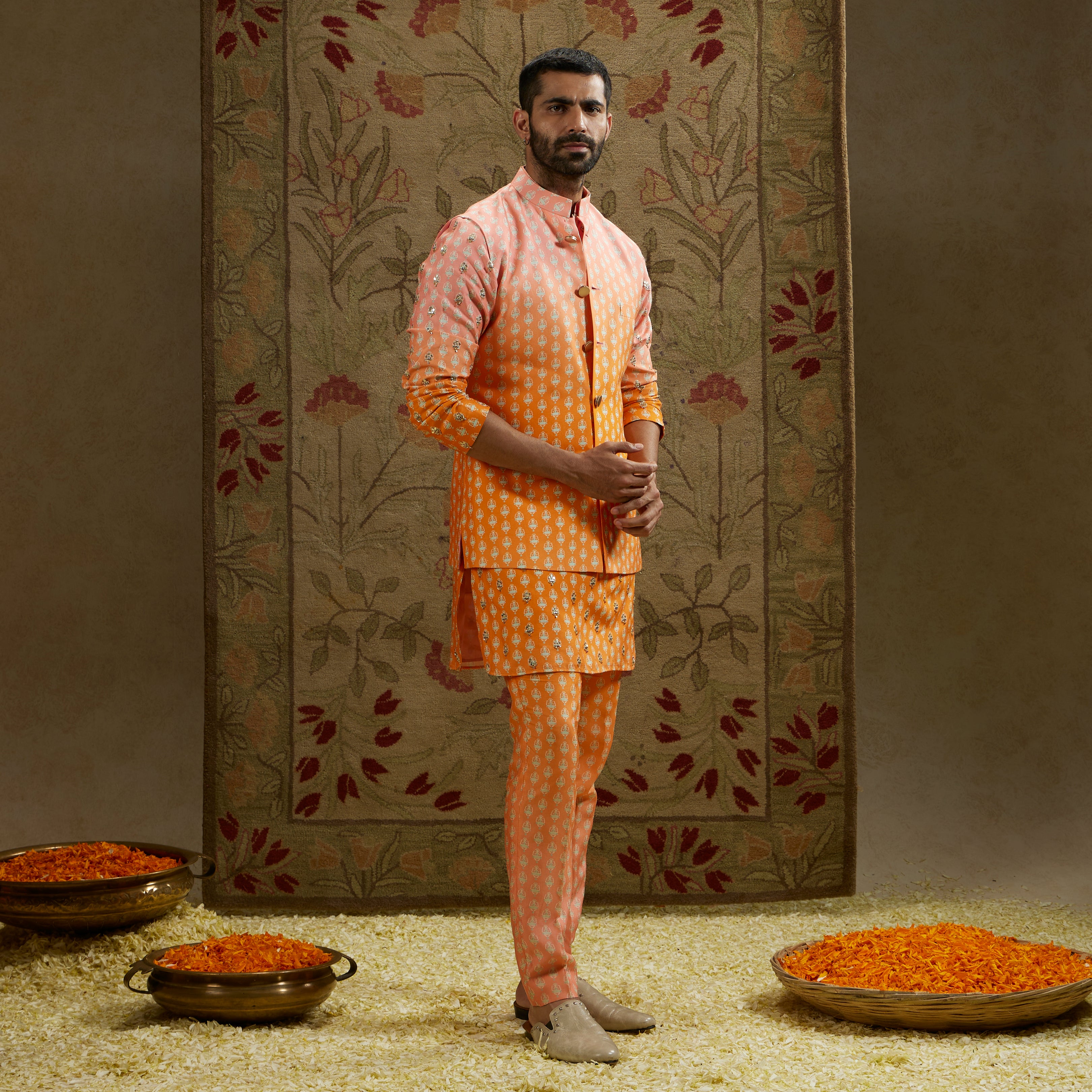 Orange Pink Ombre Butti Printed Bundi