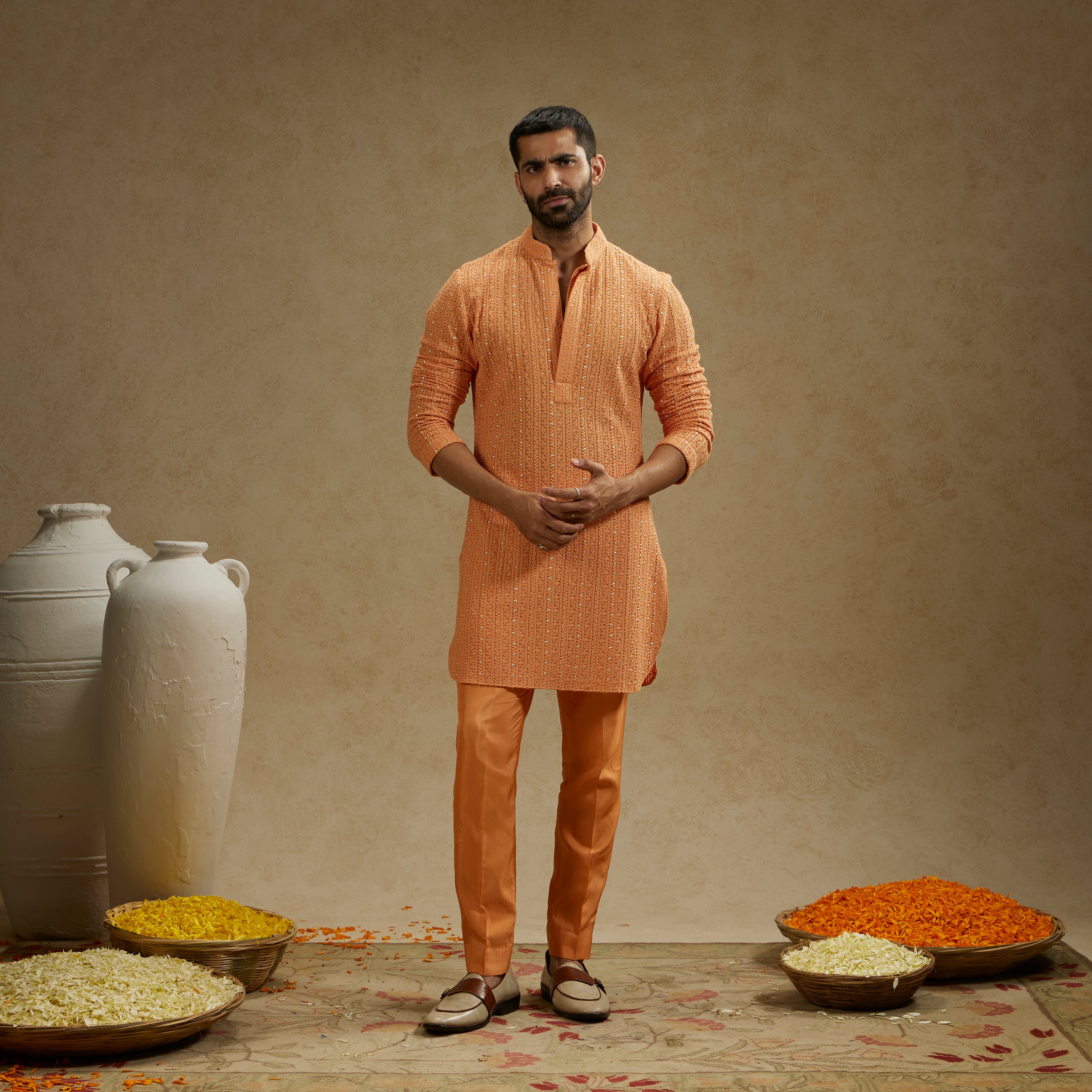 Orange Metal Embellished Lucknowi Kurta