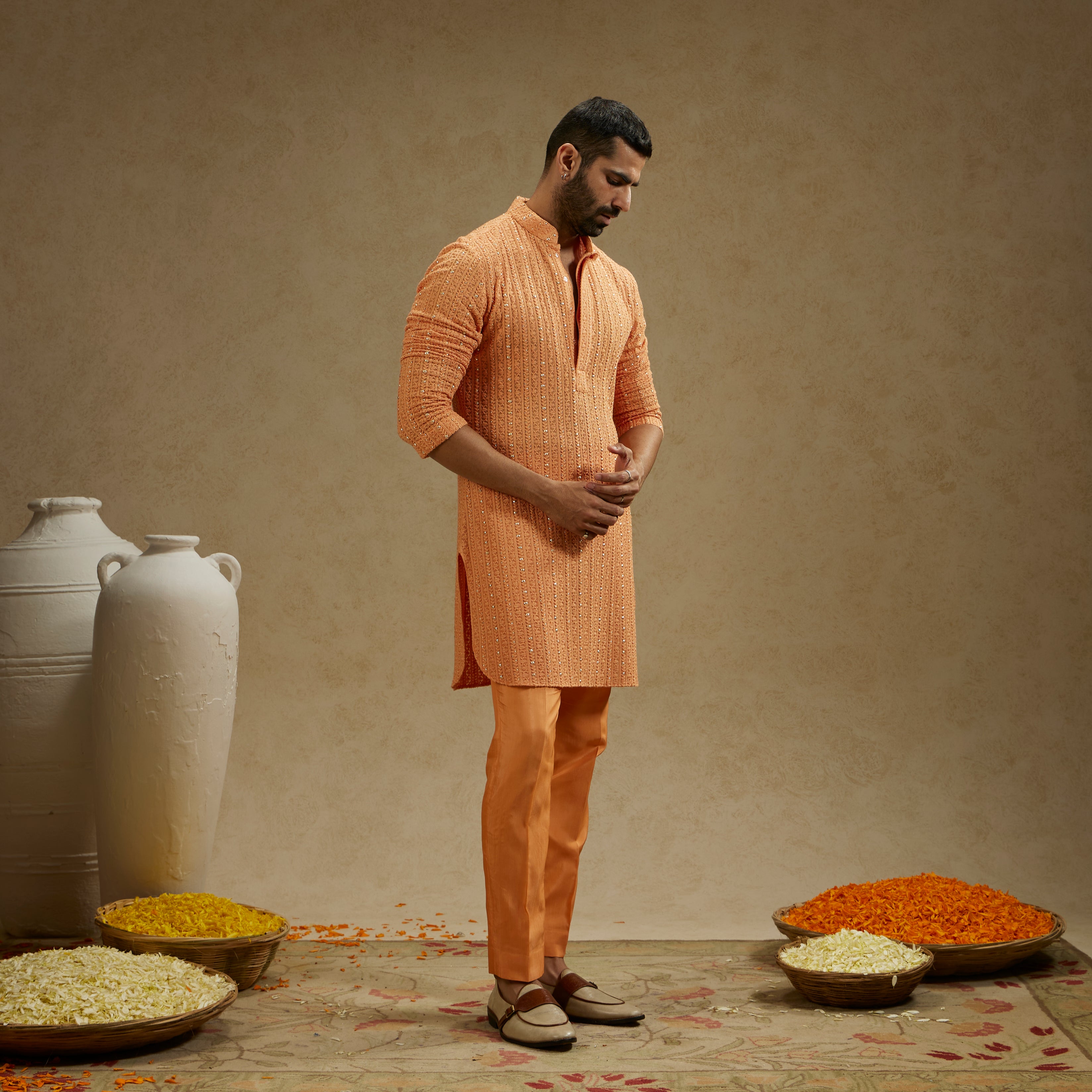Orange Metal Embellished Lucknowi Kurta