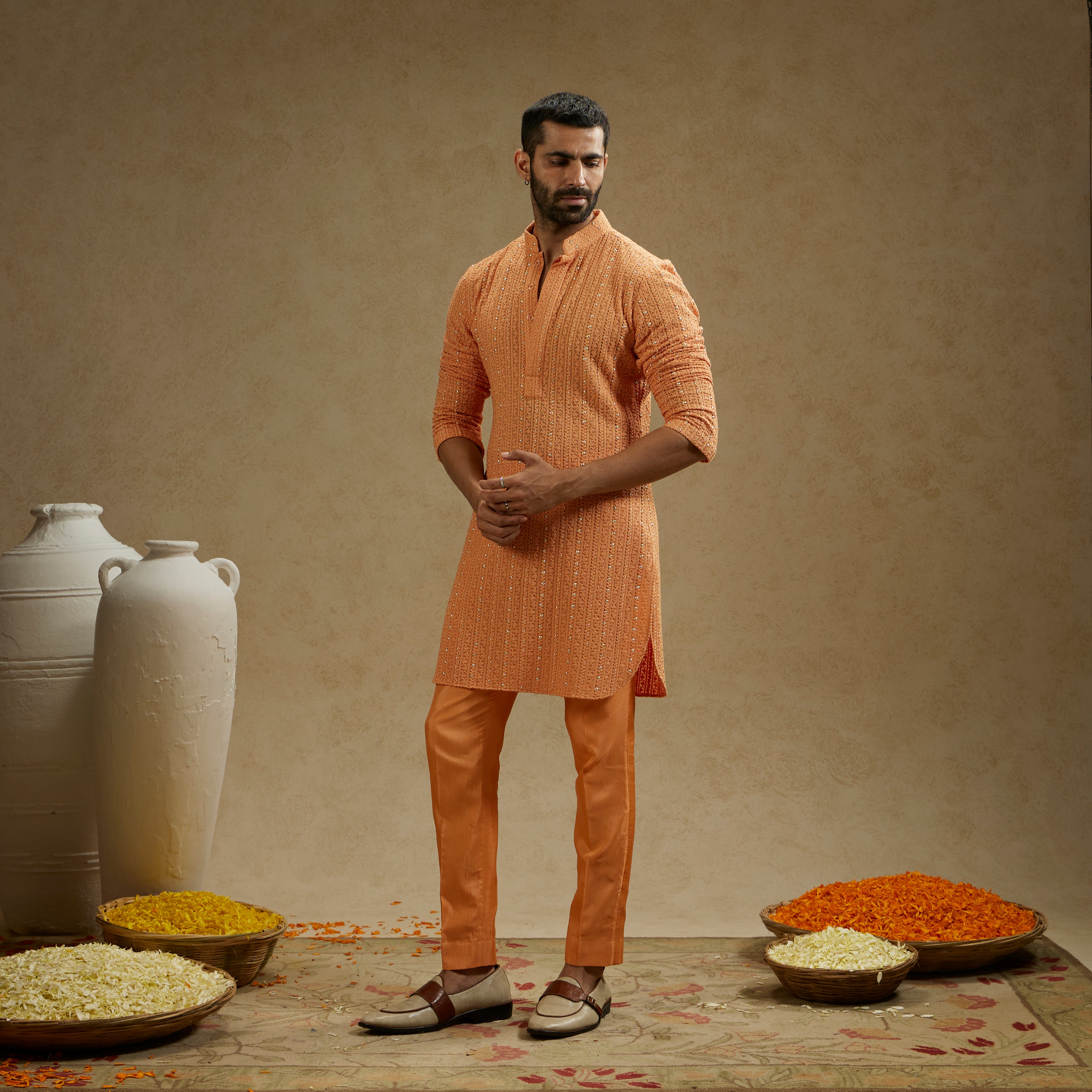 Orange Metal Embellished Lucknowi Kurta