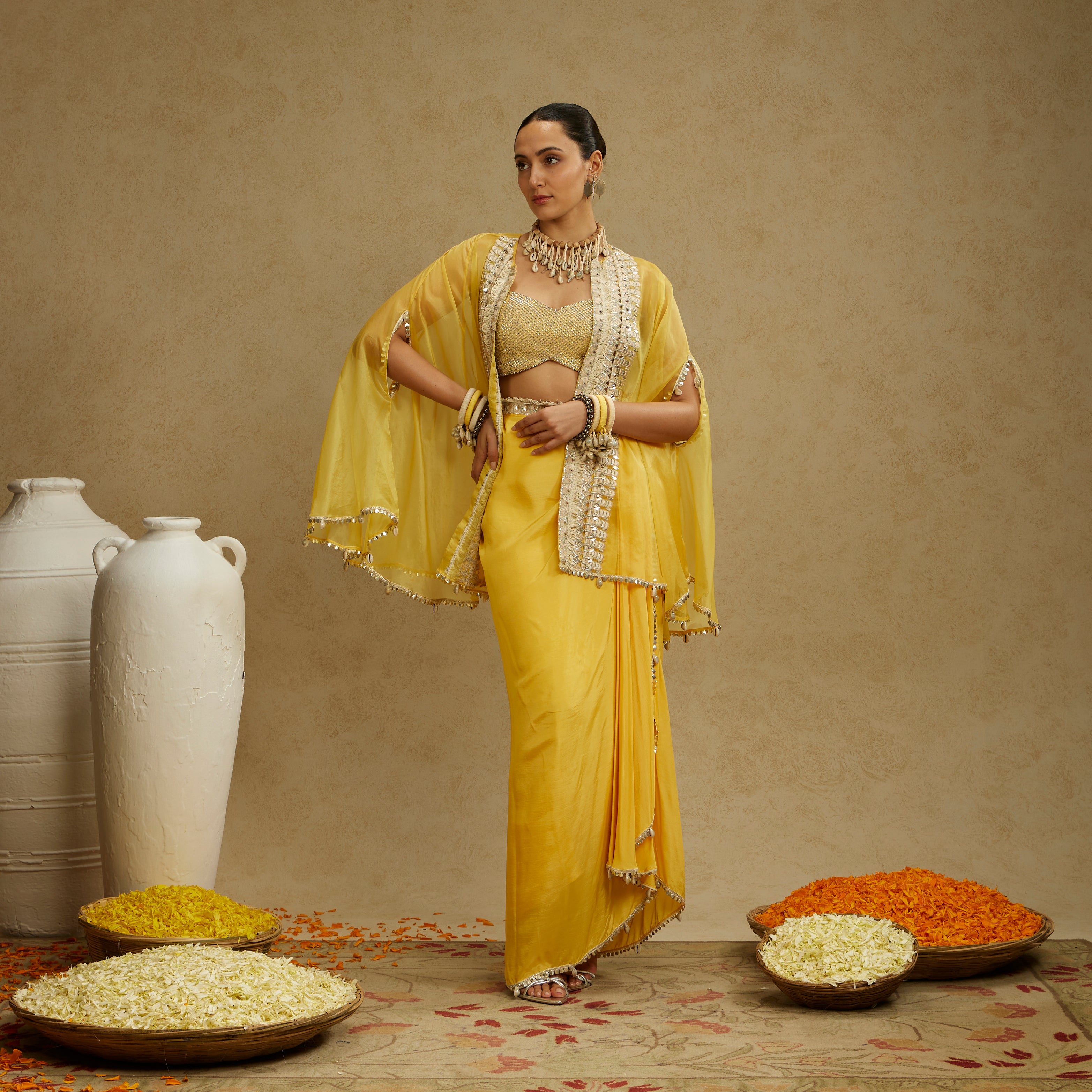 Metal Embellished Bustier with Organza Cape and Dandelion Yellow Drape Skirt