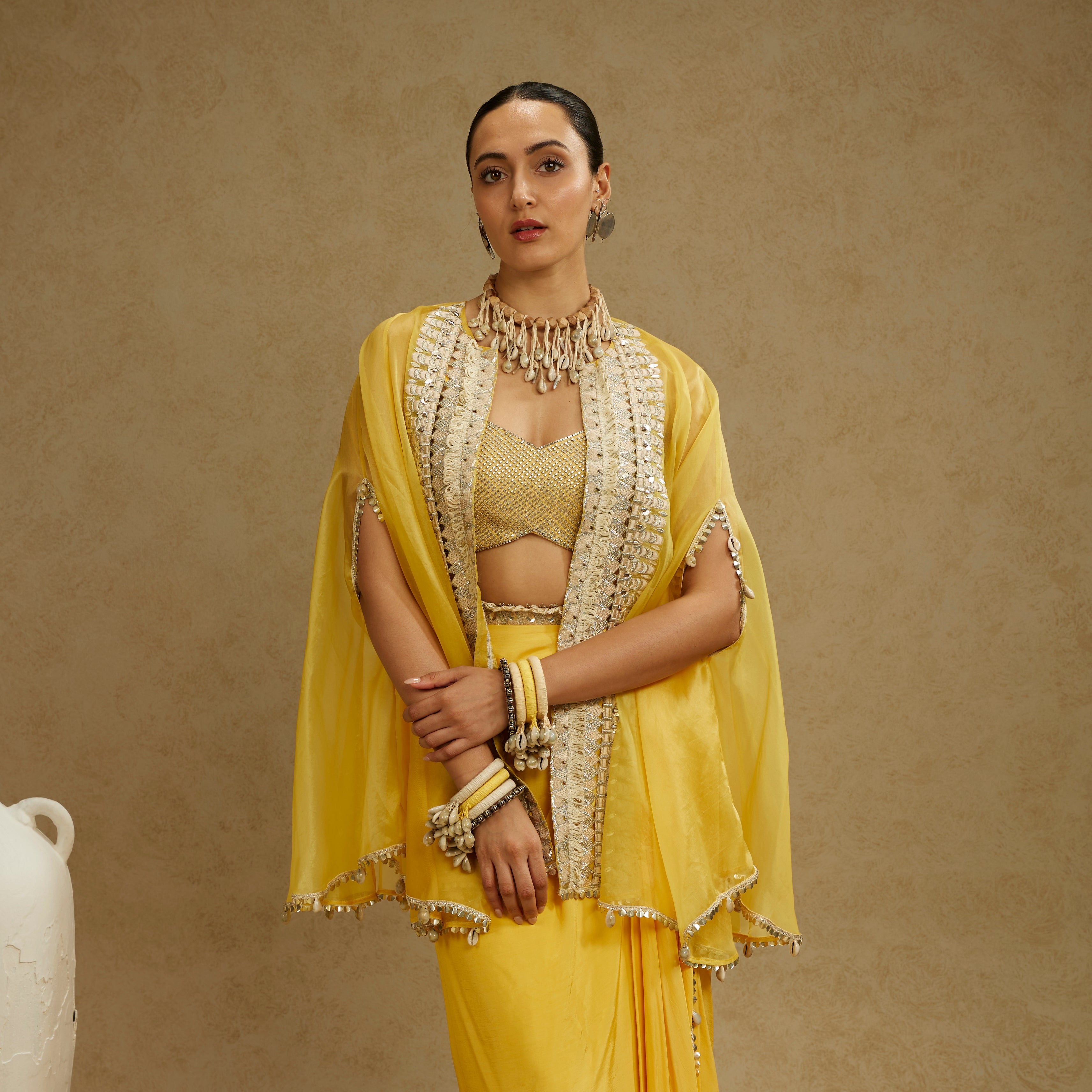 Metal Embellished Bustier with Organza Cape and Dandelion Yellow Drape Skirt