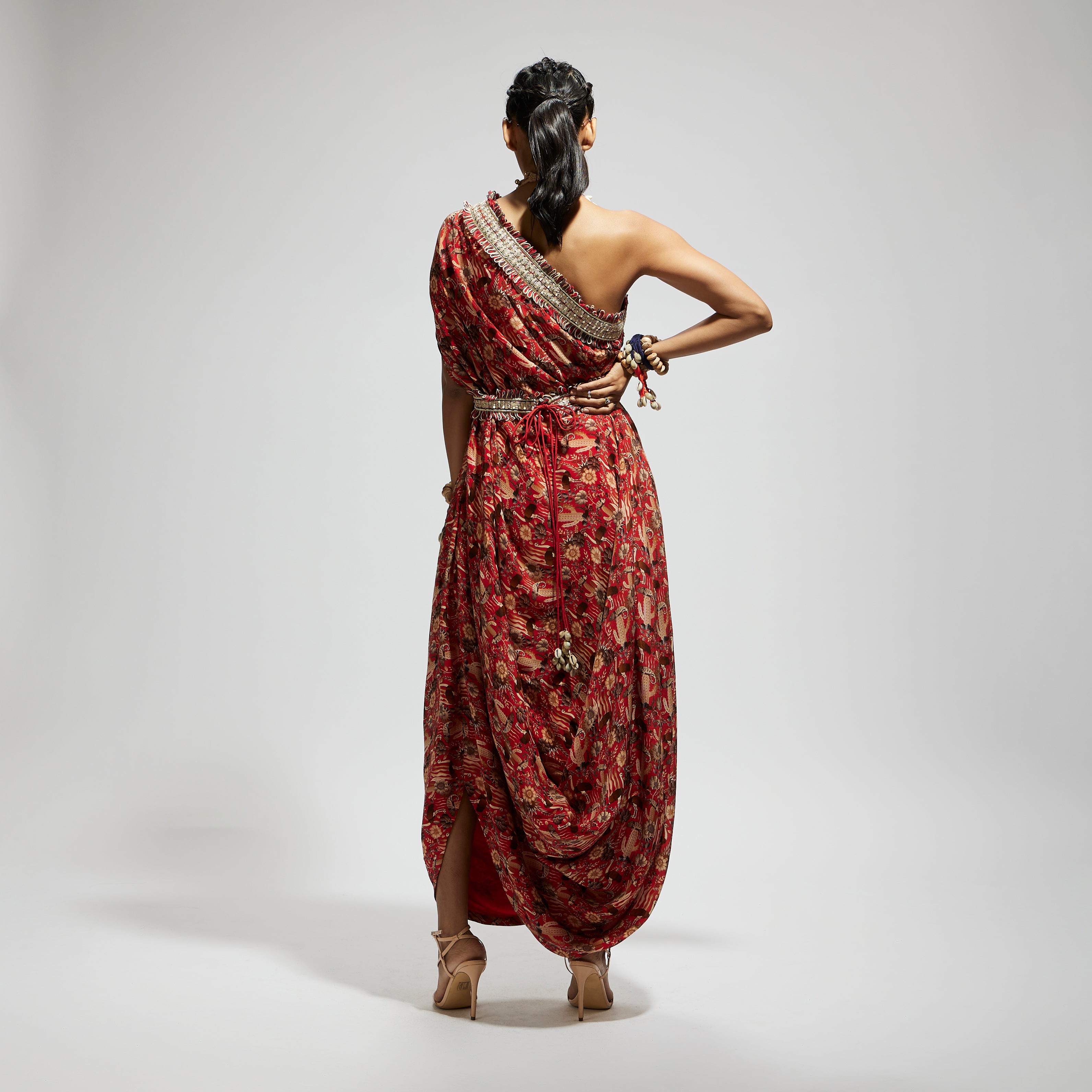 ORANGE JAAL PRINT ONE SHOULDER COWL DRESS TEAMED WITH A BELT