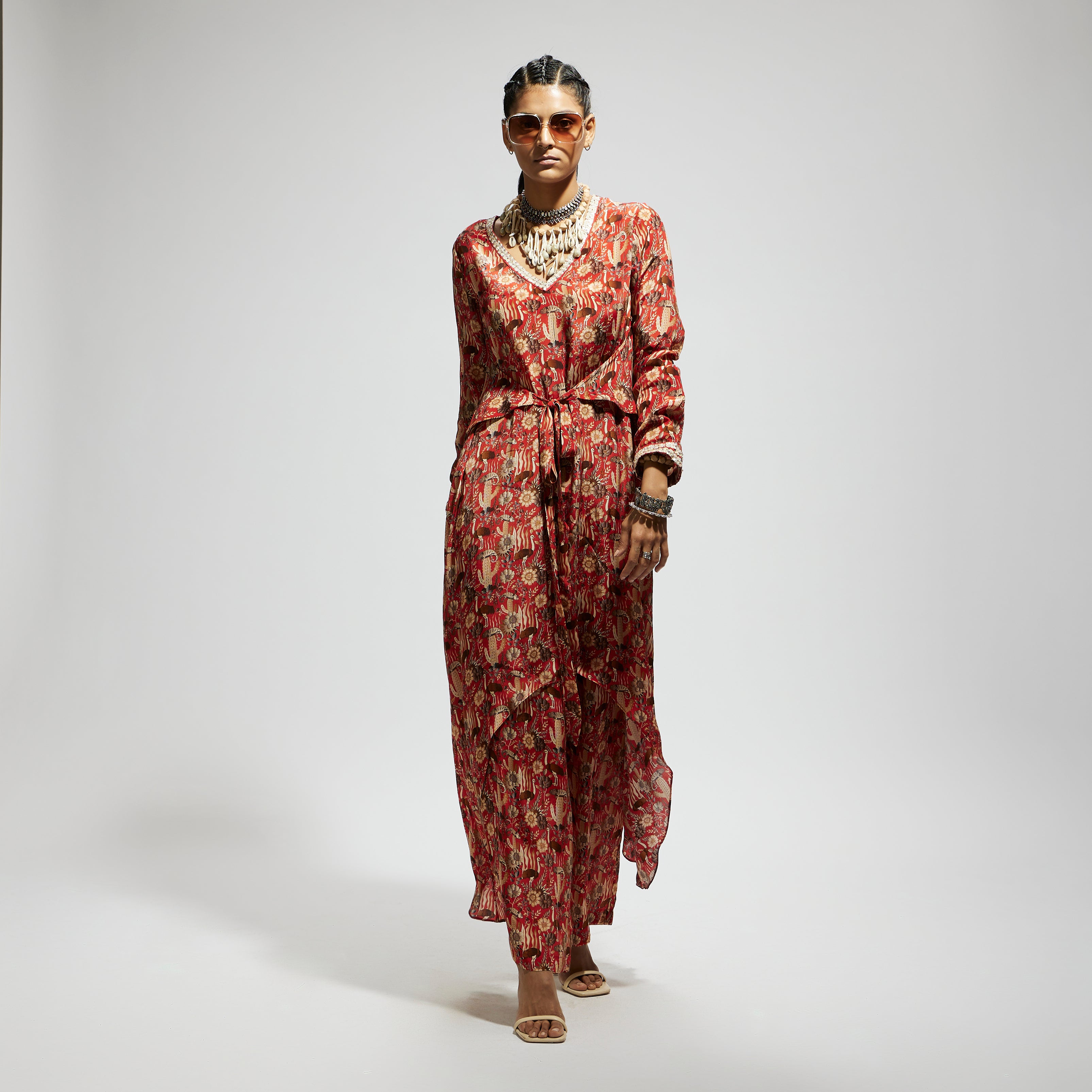 ORANGE JAAL PRINT FRONT TIE UP TUNIC