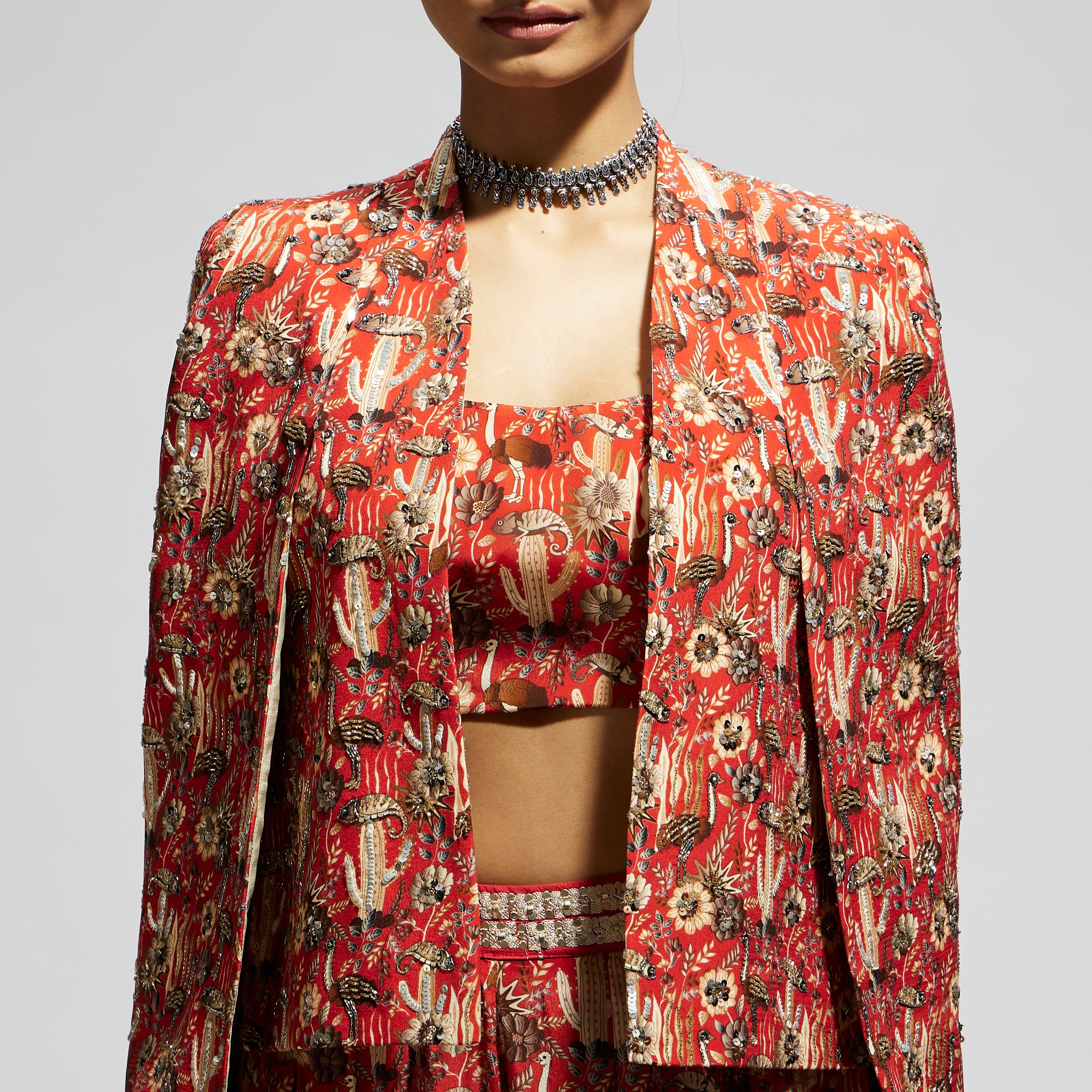 ORANGE JAAL HEAVILY EMBELLISHED CAPE JACKET SET