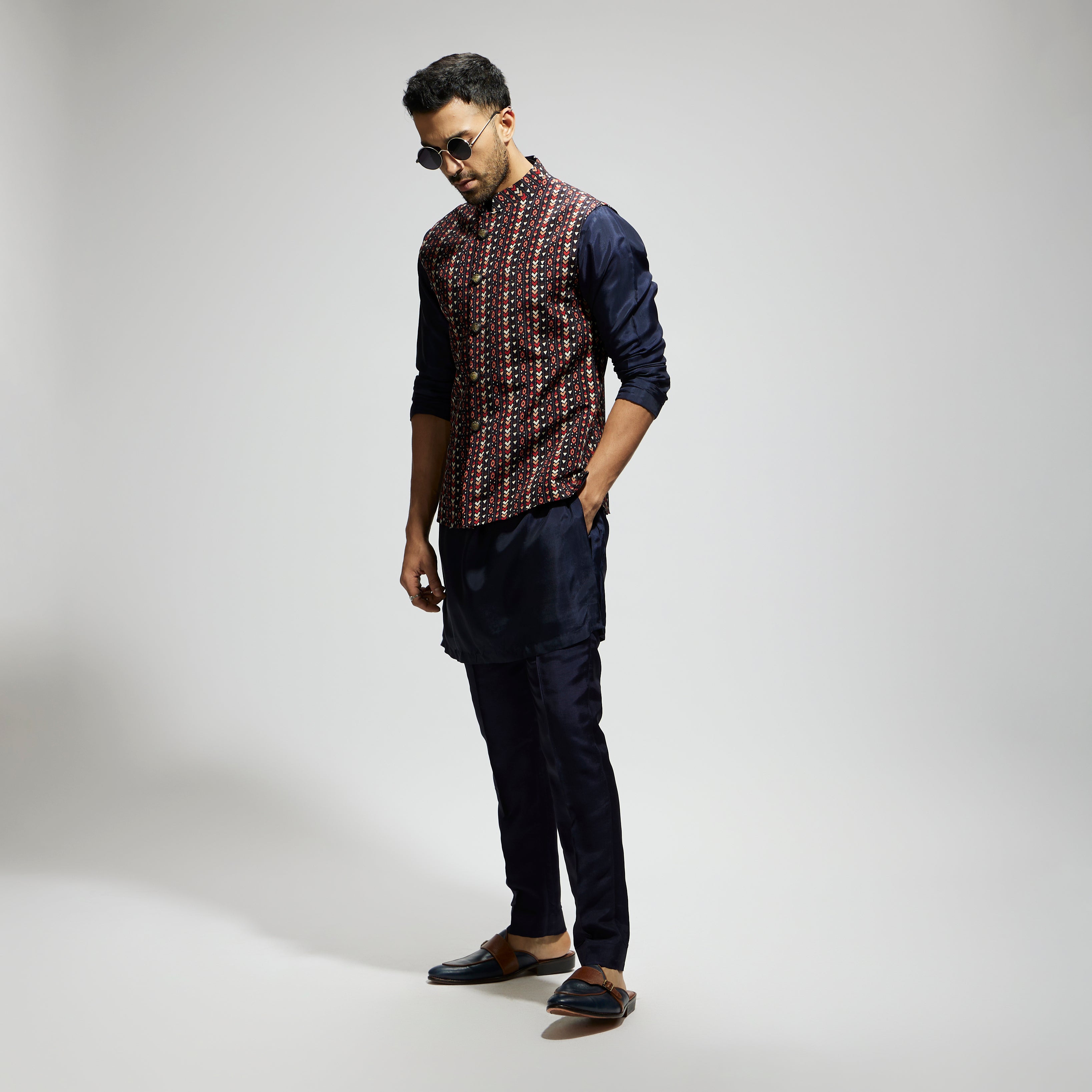 BLUE BOHO GEO BUNDI
PAIRED WITH SOLID BLUE KURTA AND PANTS